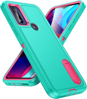 for Moto G Play 2023 Case for G Play 2023 Case with Kickstand 3-Layer Military Grade Protective Cover Silicone Shockproof for Motorola Moto G Play 2023 Phone Case Cyan+Rose Red