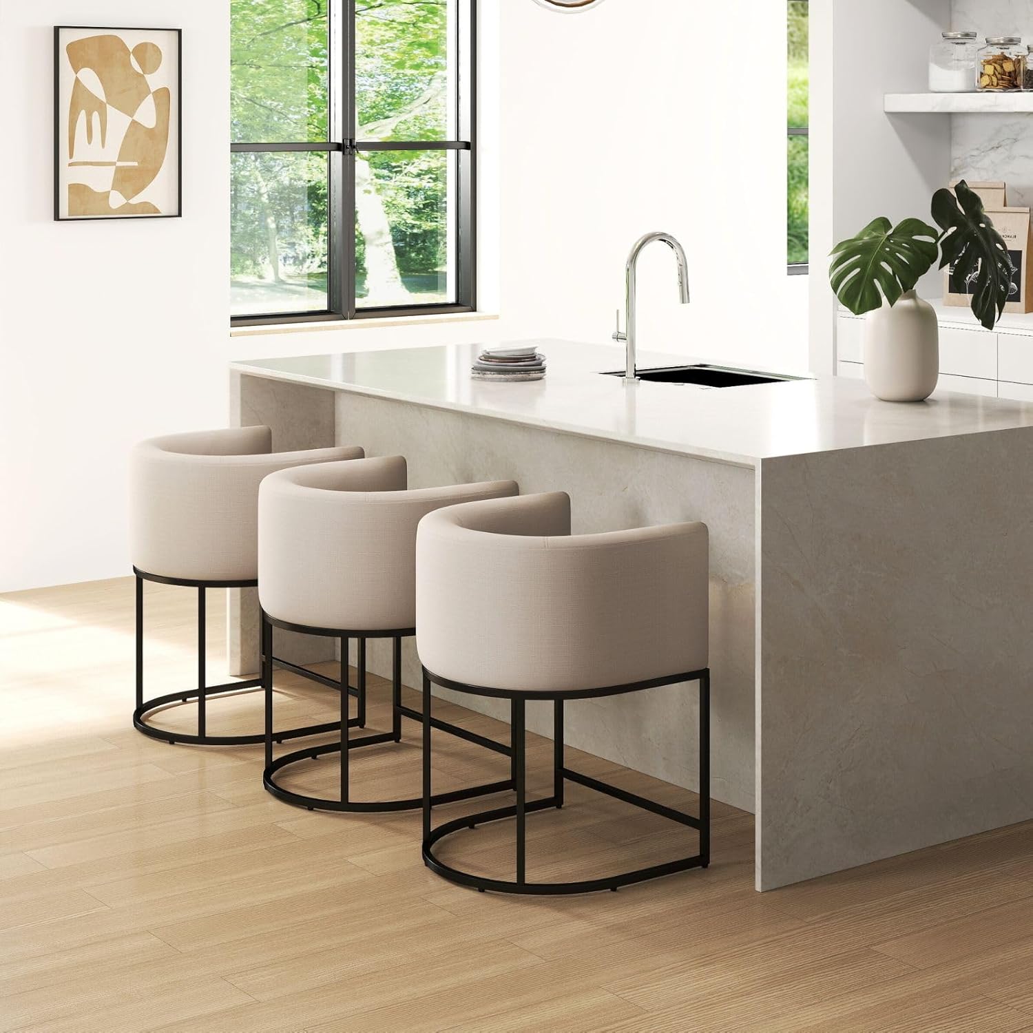 24" Counter Height Bar Stools Set of 2, Modern Barrel Bar Stools with Arm, Upholstered Linen Counter Stools Bar Chairs with Black Metal Frame for Kitchen Island/Pub/Dining Room, Beige
