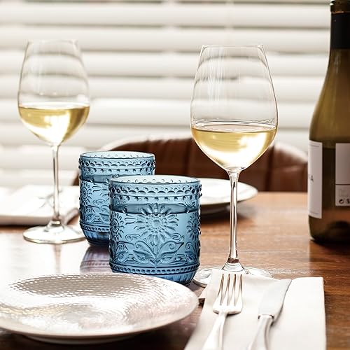 Miniatura 5 de Wongblee Vasos de agua con relieve floral de 12 onzas, juego de 4 vasos de cristal de colores (azul)
