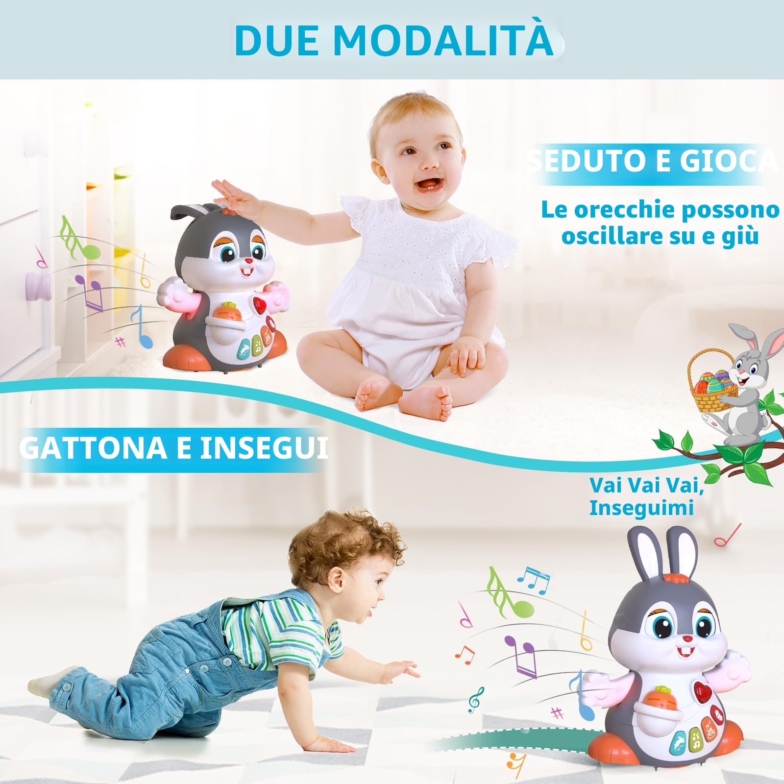 MOONTOY Giochi Musicali per Neonati, Coniglio Strisciante Interattivi con Musica e Luce,Natale Regalo Bambini 1 2 Anni 6 7 8 9 10 11 12 18 Mesi (HA9991)