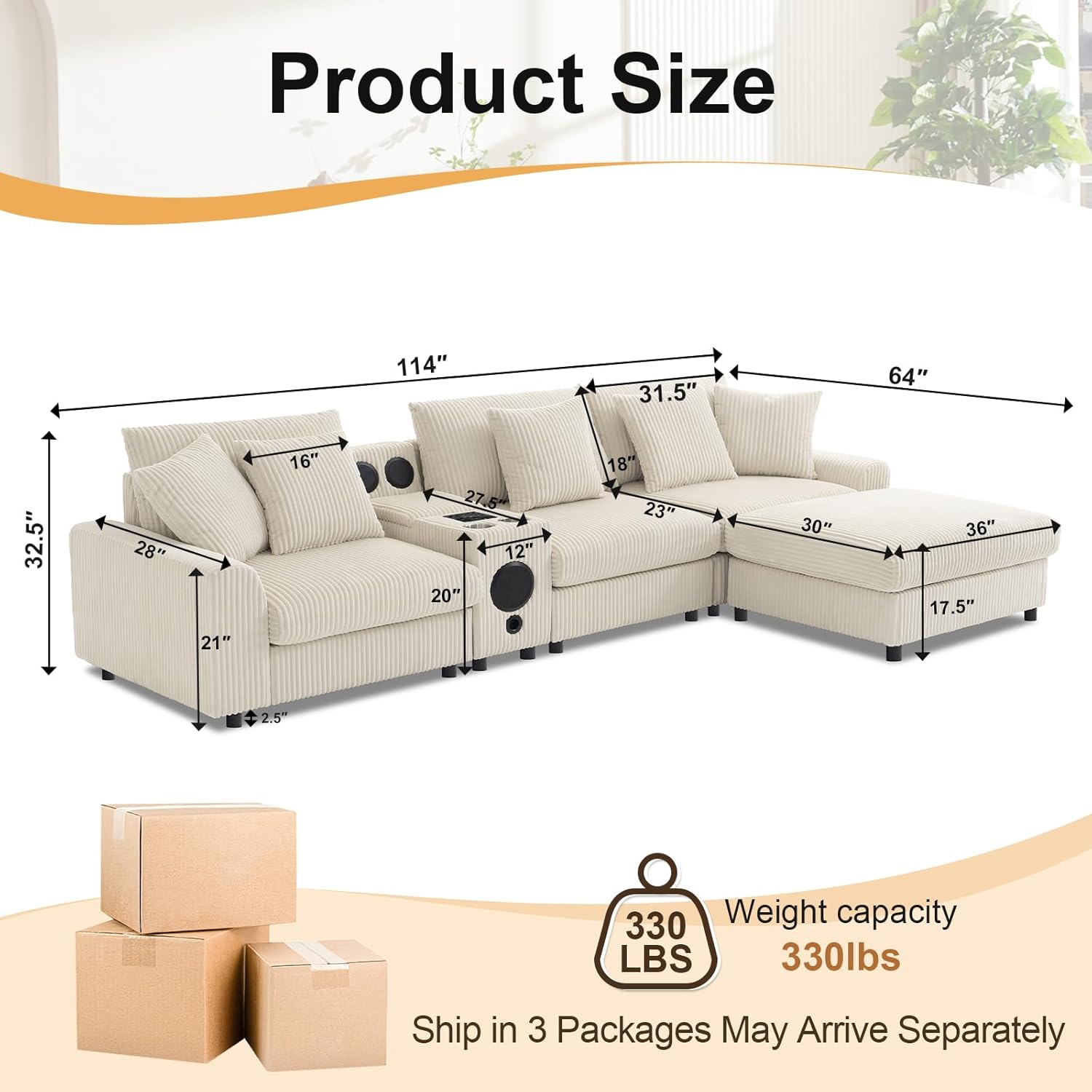 114" Corduroy Sectional Modular Couch with Bluetooth Speakers, L Shaped Couches Comfy Deep Sofa with Console, USB Charger, Cup Holders, Storage, Ottoman for Living Room (Beige, 114in) Beige 114in