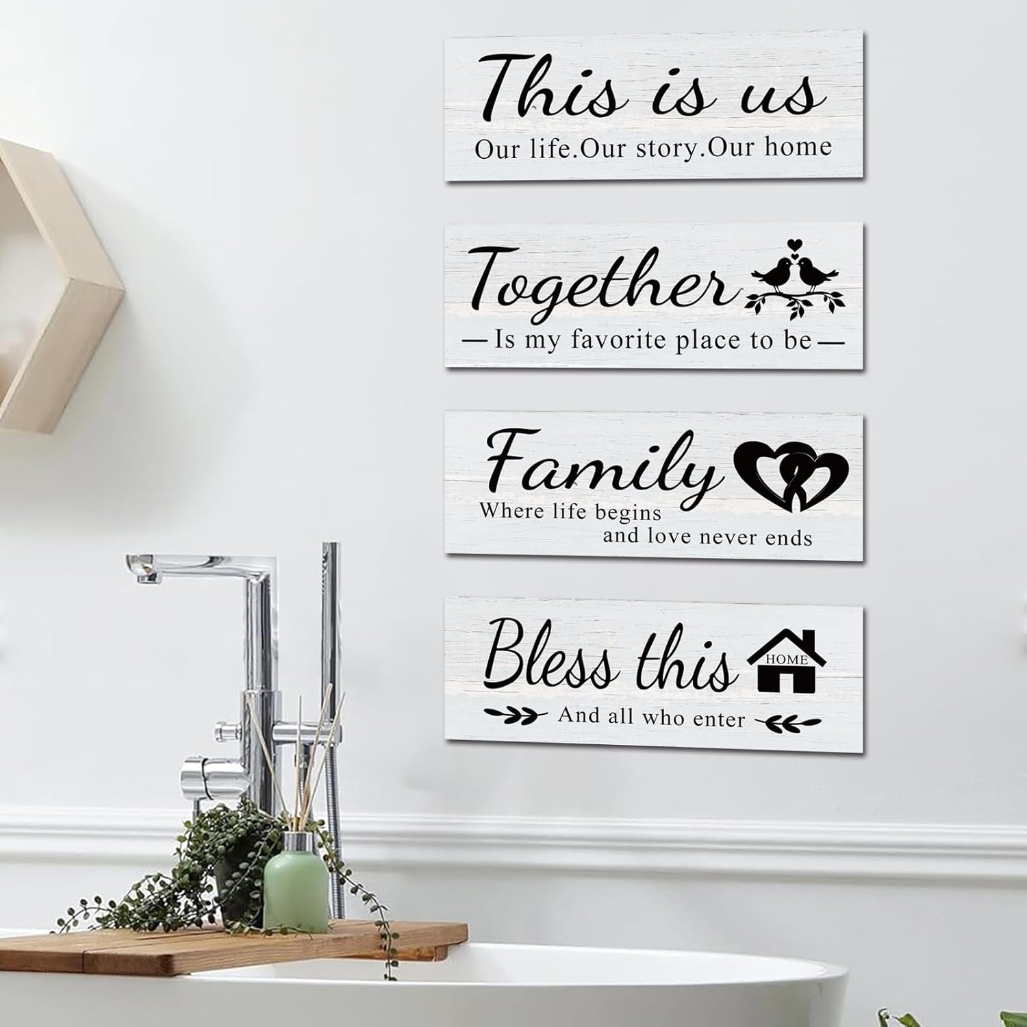 4 Pcs Wooden Wall Decor rustic farmhouse decor with “This is Us, Together, Bless This Home, Family”， pictures for living room Wall Art for Living Room, Entryway, Home Hang with Hooks