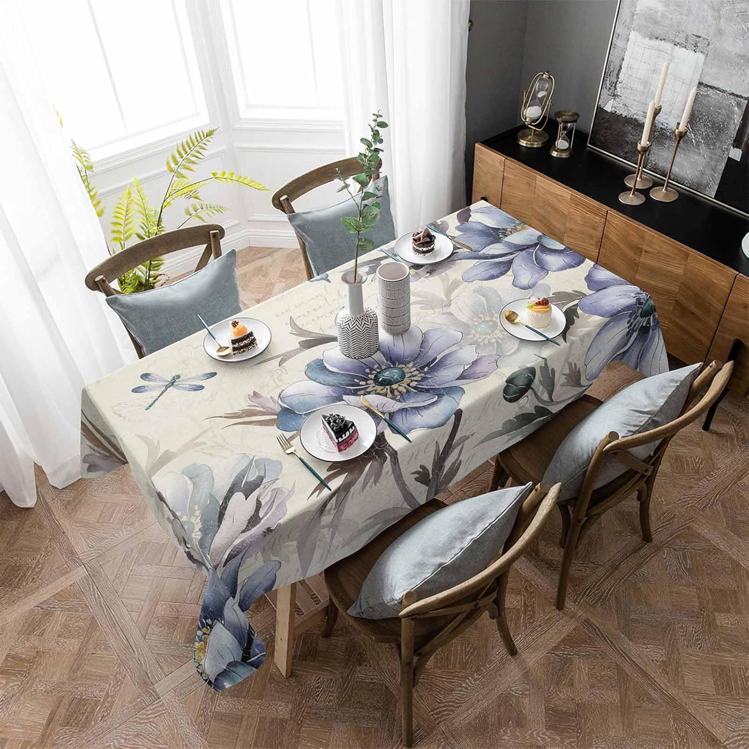 YOKOU Rectangle Tablecloth, Flower Butterfly Dragonfly Vintage Blue Floral Spring Summer Waterproof Wrinkle Resistant Dinning Table Cloth Cover for Outdoor and Indoor, 60x84 Inch