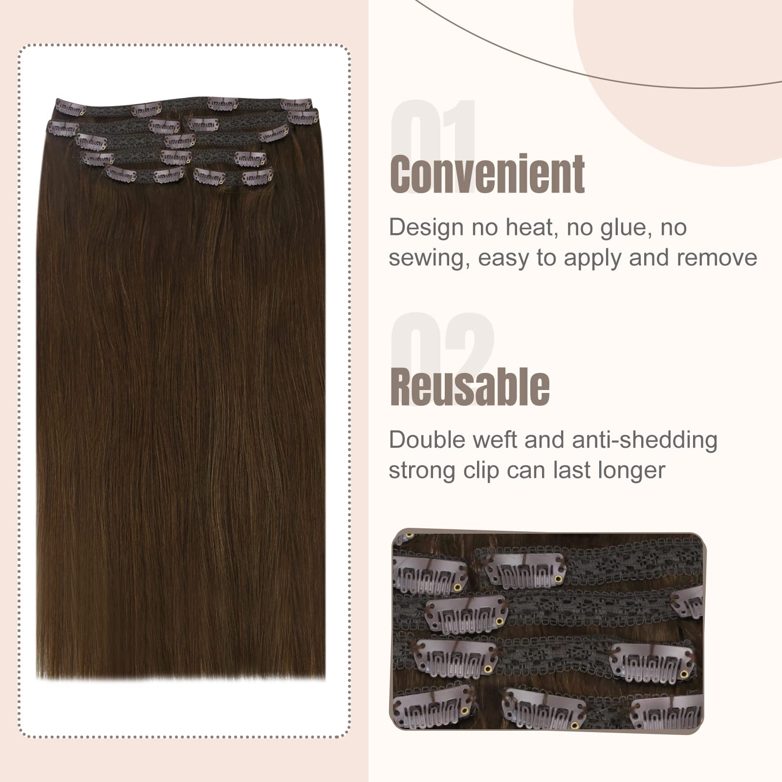 Fshine Extension Capelli Clip Castano Medio Extension Clip Capelli Umani Lisci Clip In Hair Extension Real Hair Brasiliani Extension Vere Clip 120g 40CM 7Pcs Extension Remy Clip #4