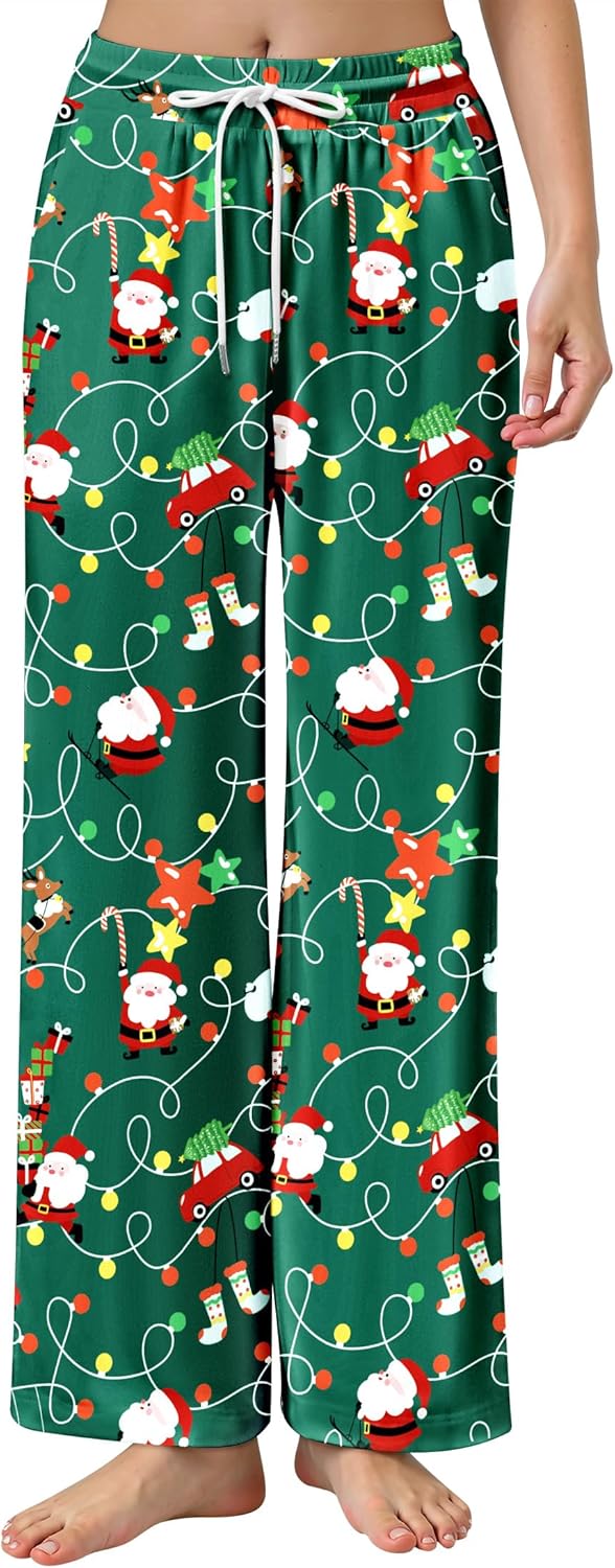 Christmas Pajamas Bottoms for Women Santa Claus Snowman Print Wide Leg Pj Pants with Pockets Lounge Sleepwear (Xmas D, Large) - Image 4