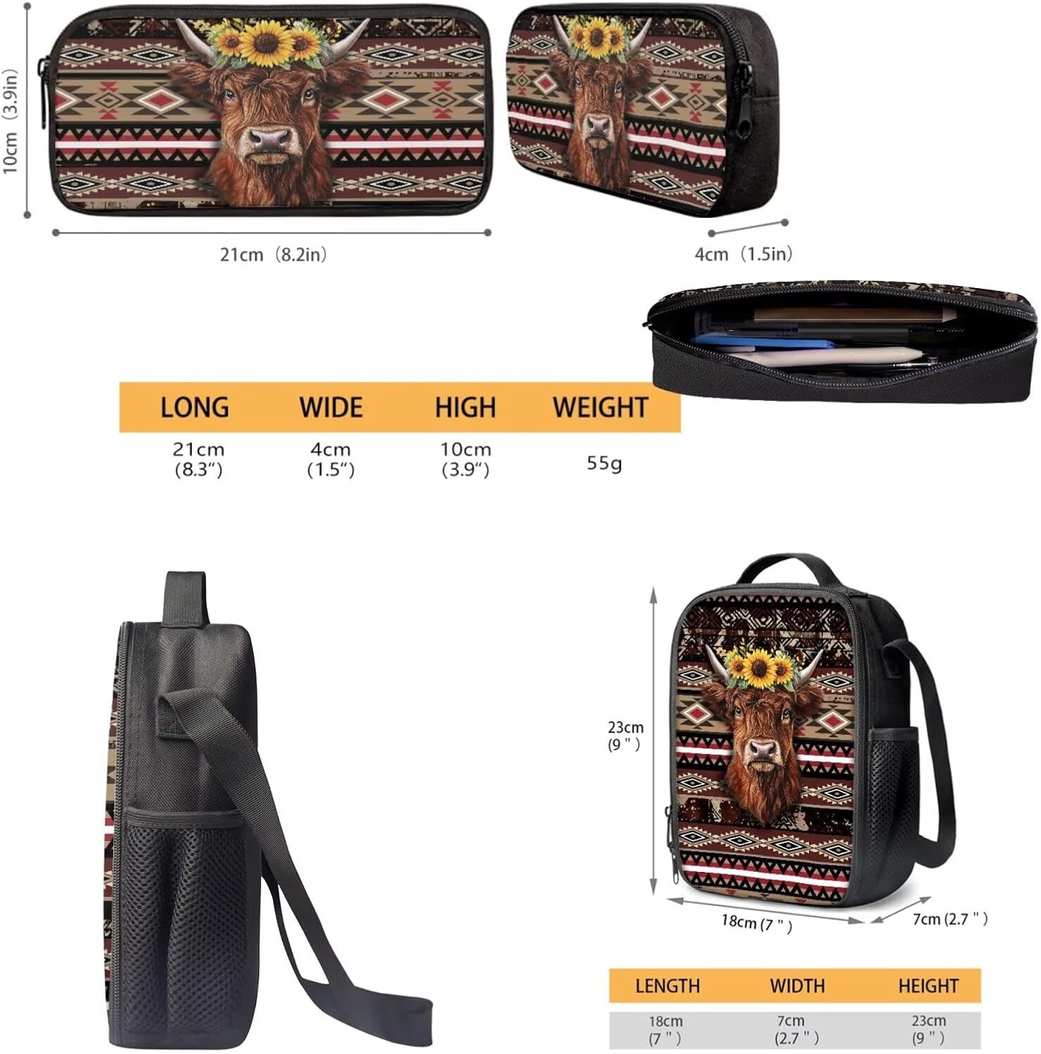 GLENLCWE Ethnic Sunflower Highland Cattle Backpack Insulated Lunch Food Container Box Bag Pencil Case Back to School Gifts Elementary Middle Kindergarten Girls Boys