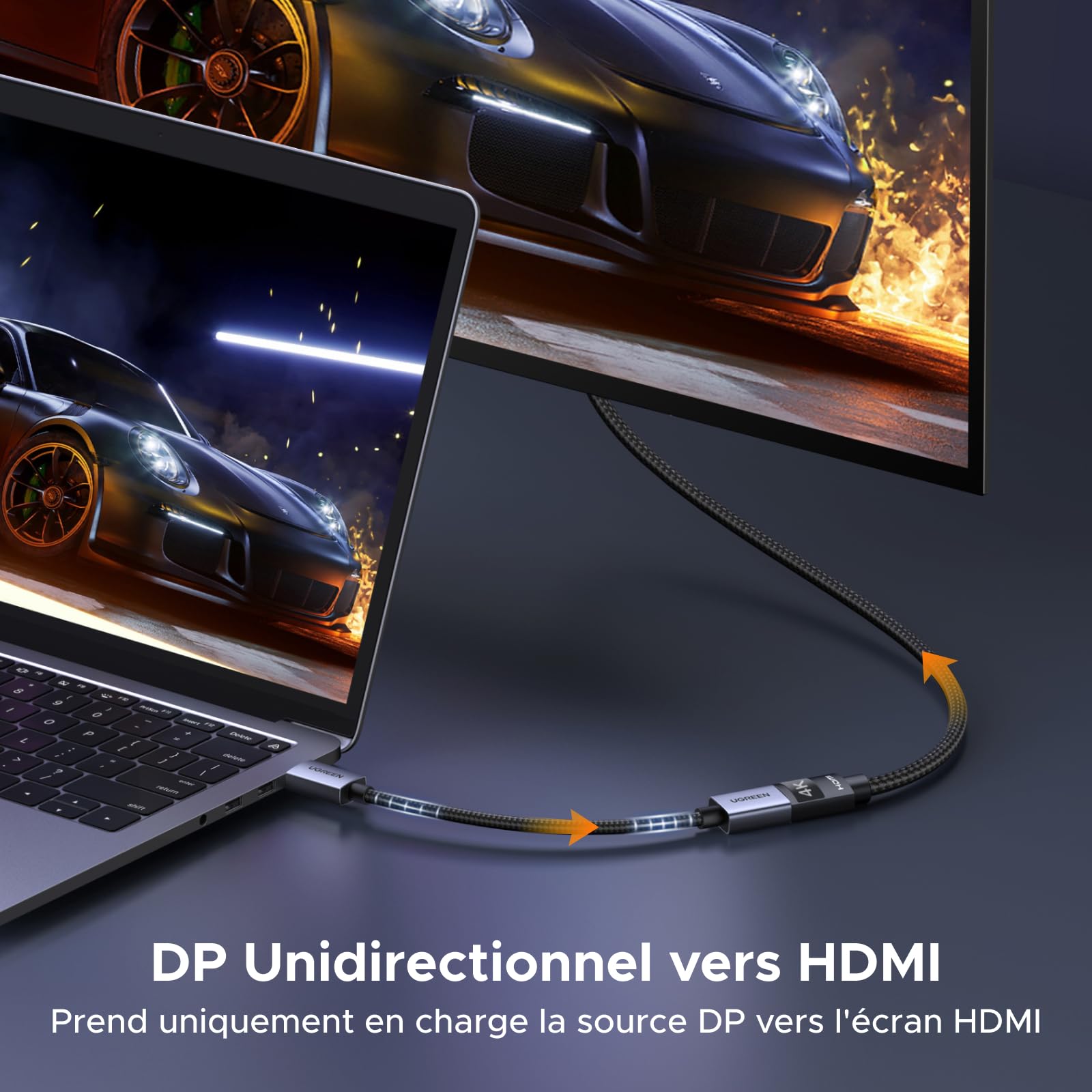 UGREEN 4K Adaptateur DisplayPort vers HDMI 4K 30Hz 2K 60Hz Convertisseur DP Mâle vers HDMI Femelle Unidirectionnel en Nylon Tressé Compatible avec Laptop HDTV Moniteur Projecteur (1 Pack)