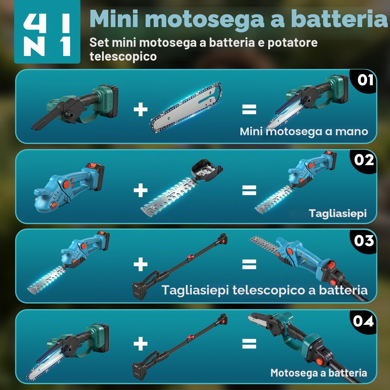Motosega e tagliasiepi a batteria telescopica Combo, 4 in 1, mini motosega elettrica da 8 pollici, con batteria da 2 x 2000 mAh, 4 catene, guanti protettivi, adatti per cesoie da potatura e per la