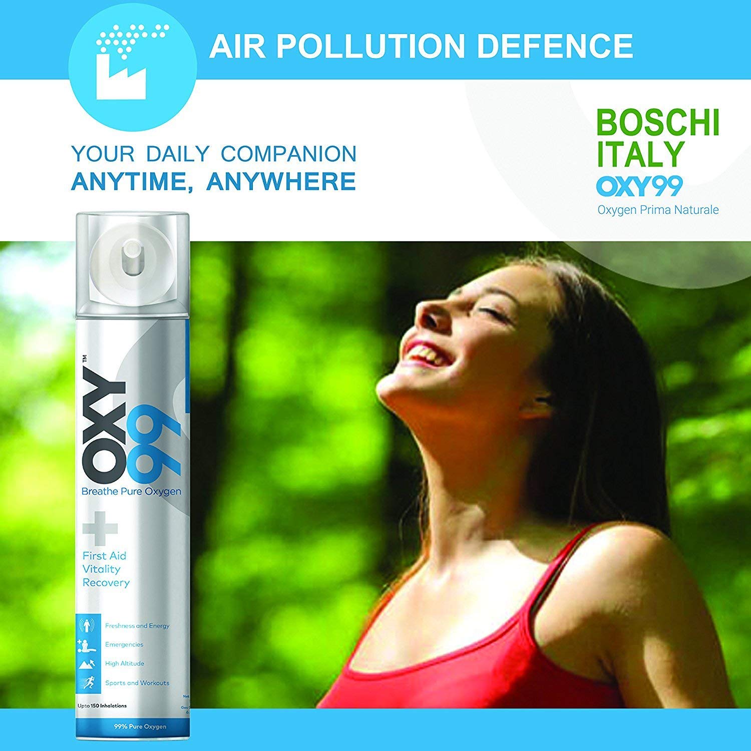 OXY99 Natural Oxygen Can with Mask, Tube & Elastic Strap - Portable Oxygen Can for Patients, Pure Oxygen Can for Travelling & High Altitude, Ideal for Home Use & Outdoor Activities - ING. BOSCHI ITALY (Pack of 2) OXY99 Natural Oxygen Can with Mask, Tube & Elastic Strap - Portable Oxygen Can for Patients, Pure Oxygen Can for Travelling & High Altitude, Ideal for Home Use & Outdoor Activities - ING. BOSCHI ITALY (Pack of 2)