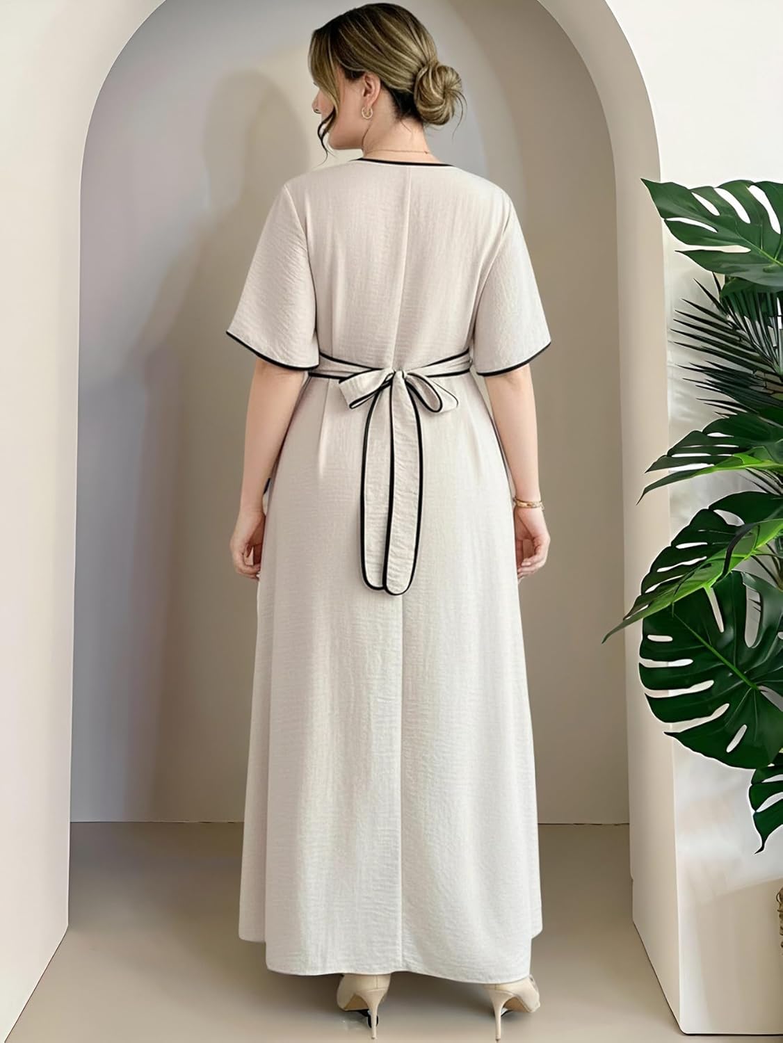 Women's Plus Size Deep V Neck Dress Summer Short Sleeve A Line Slit Elegant Casual Maxi Dresses - Image 2