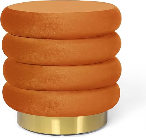 Adeco Taburete redondo otomano de terciopelo con base de metal, moderno reposapiés acolchado, reposapiés para sala de estar, dormitorio, naranja