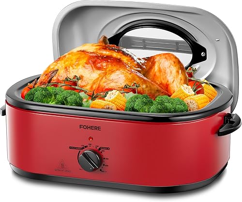 FOHERE Horno asador eléctrico de 26 cuartos de galón con tapa visible y autofundante, tostador grande de pavo con función de descongelación y calor,