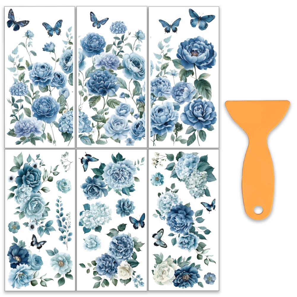 OLYCRAFT Set da 6 pezzi di fiori blu verdi strofinano sui trasferimenti per mobili e mestieri 15 x 30 cm farfalle decalcomanie per mobili decalcomanie per mobili e piante adesivi trasferimento con 1