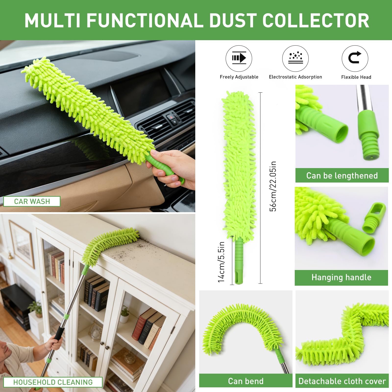 GES Mopa de lavado de coche 62 pulgadas, cepillo telescópico, escobilla de goma, kit limpieza microfibra 3 en 1, bolsa de almacenamiento