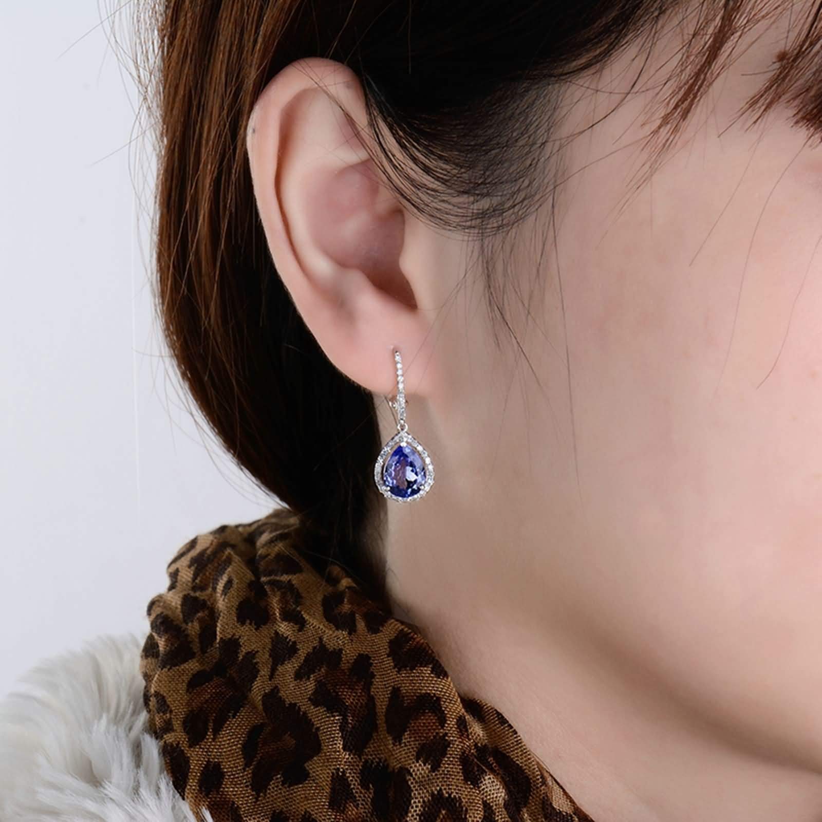 Epinki Weißgold 14K Ohrringe Silber Hängend, Anhänger Ohrstecker mit Tansanit 3.07ct Blau, Geschenk für Valentinstag, Weiß Gold Blau