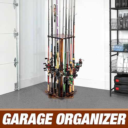 Miniatura 5 de Ghosthorn Fishing Rod Holders for Garage 360 Degree Rotating Fishing Pole Rack, Floor Stand Holds up to 16 Rods Wood Fishing Gear Equipment Storage