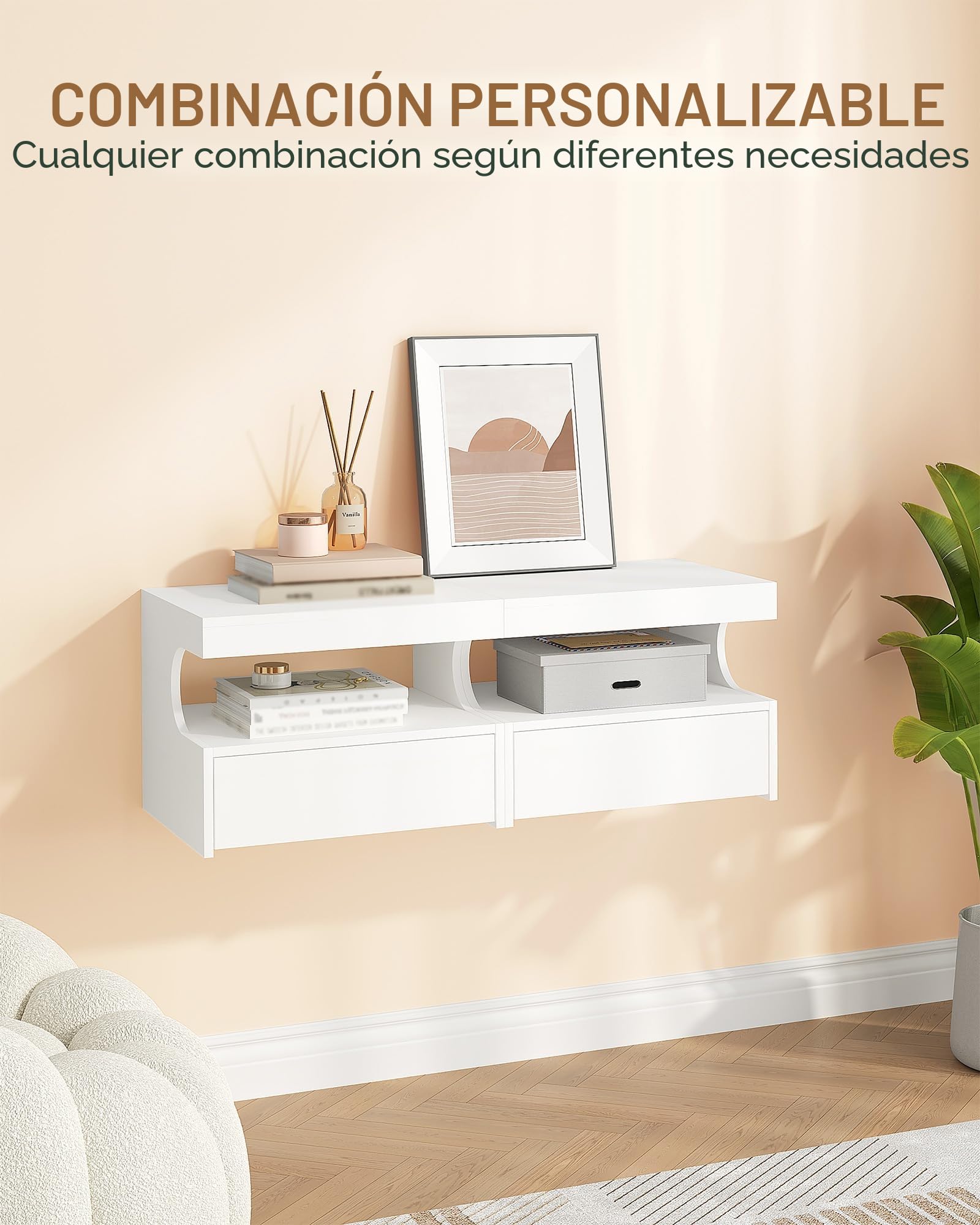 Hzuaneri Mesita de Noche Flotante Set de 2, Repisa Colgante y 1 Cajón con Guías, Diseño en Forma de U, Moderna, para Dormitorio y Salón, 30 x 40 x 29,2 cm, Blanco NS50203X