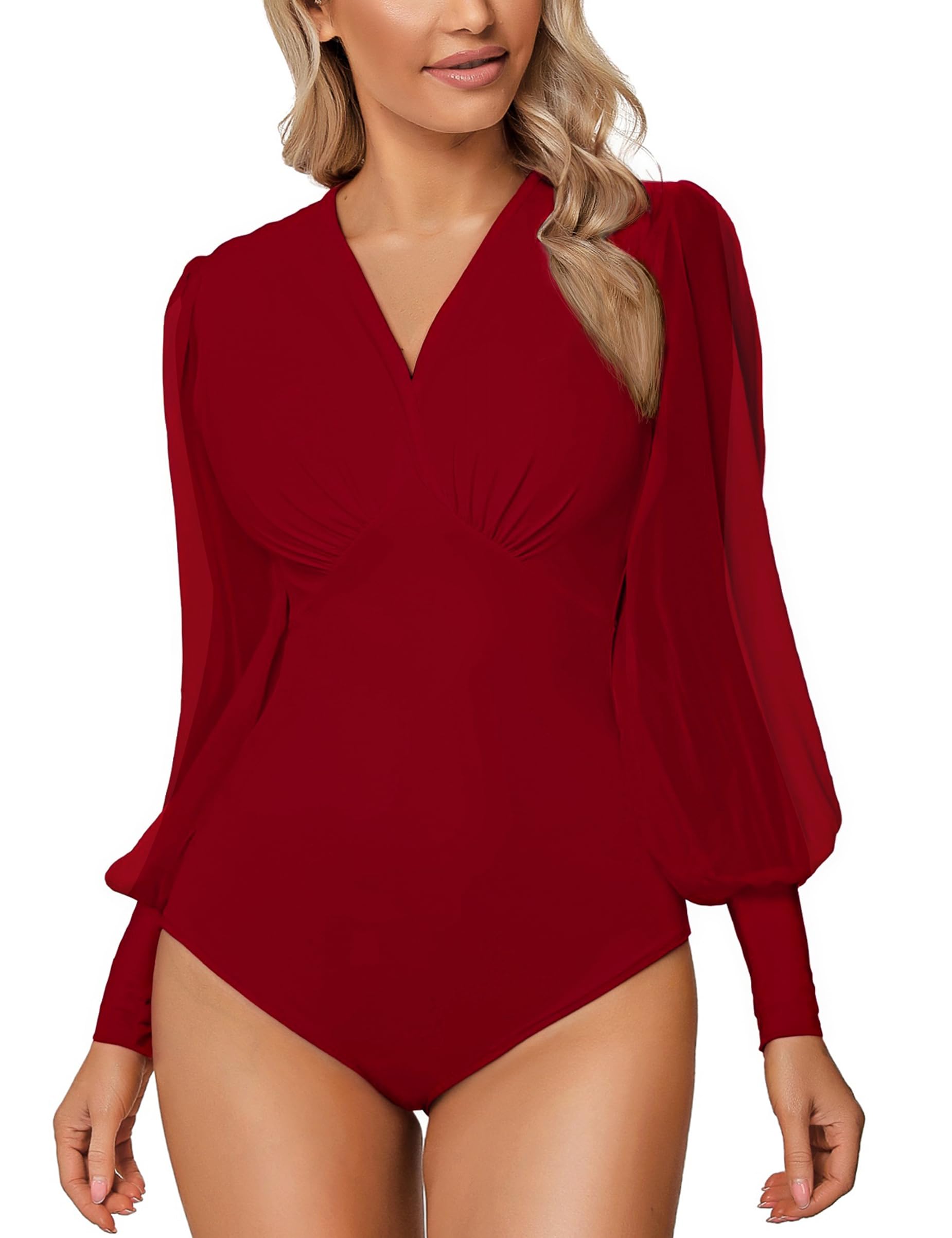 Litherday Damen Bodys Langarm Bodysuit für Damen Sexy Figurenformend Elegant Bodies Casual Langarmshirt Overall Blusenbody Top mit Durchsichtigen Laternenärmeln und V-Ausschnitt