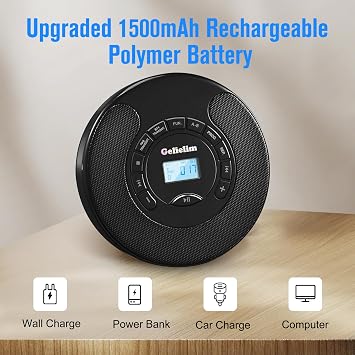 Gelielim Portable CD Player, CD Player for Car with Bluetooth and FM Transmitter, CD Music Player with Dual Stereo Speakers, Anti-Skip Protection, AUX/USB Port, 2000mAh Rechargeable Battery