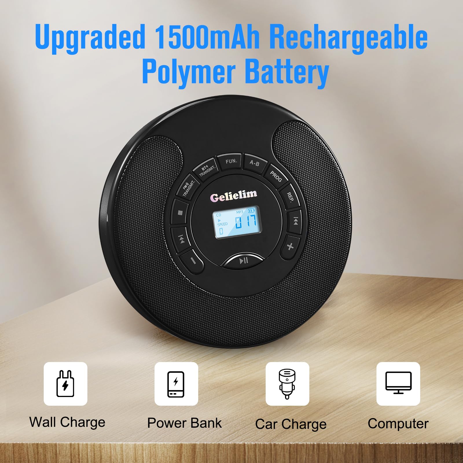 Gelielim Lettore CD portatile, Disman lettori CD per auto con Bluetooth e trasmettitore FM, CD Walkman con doppio altoparlante stereo, protezione anti-skip, porta AUX/USB, batteria ricaricabile da