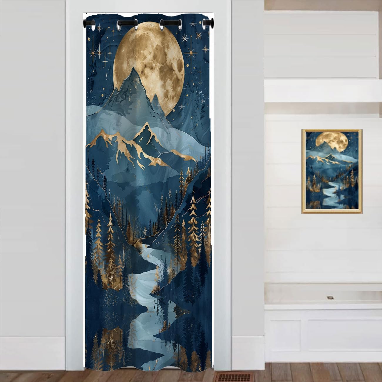 Mountain Landscape Doorway Curtain, Forest Night Sky Star Moon Room Divider Curtain for Kids Boys Girls Teens Bedroom Living Room Closet, 1 Panel 34" W X 80" L