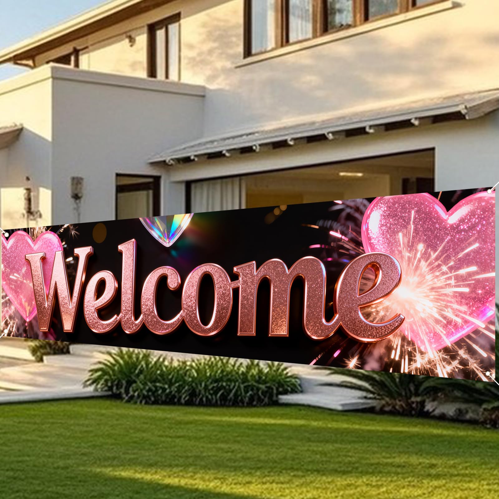 Nuxovilar Welcome Home Banner Pink Glitter Heart 17.7x78.7 Polyester