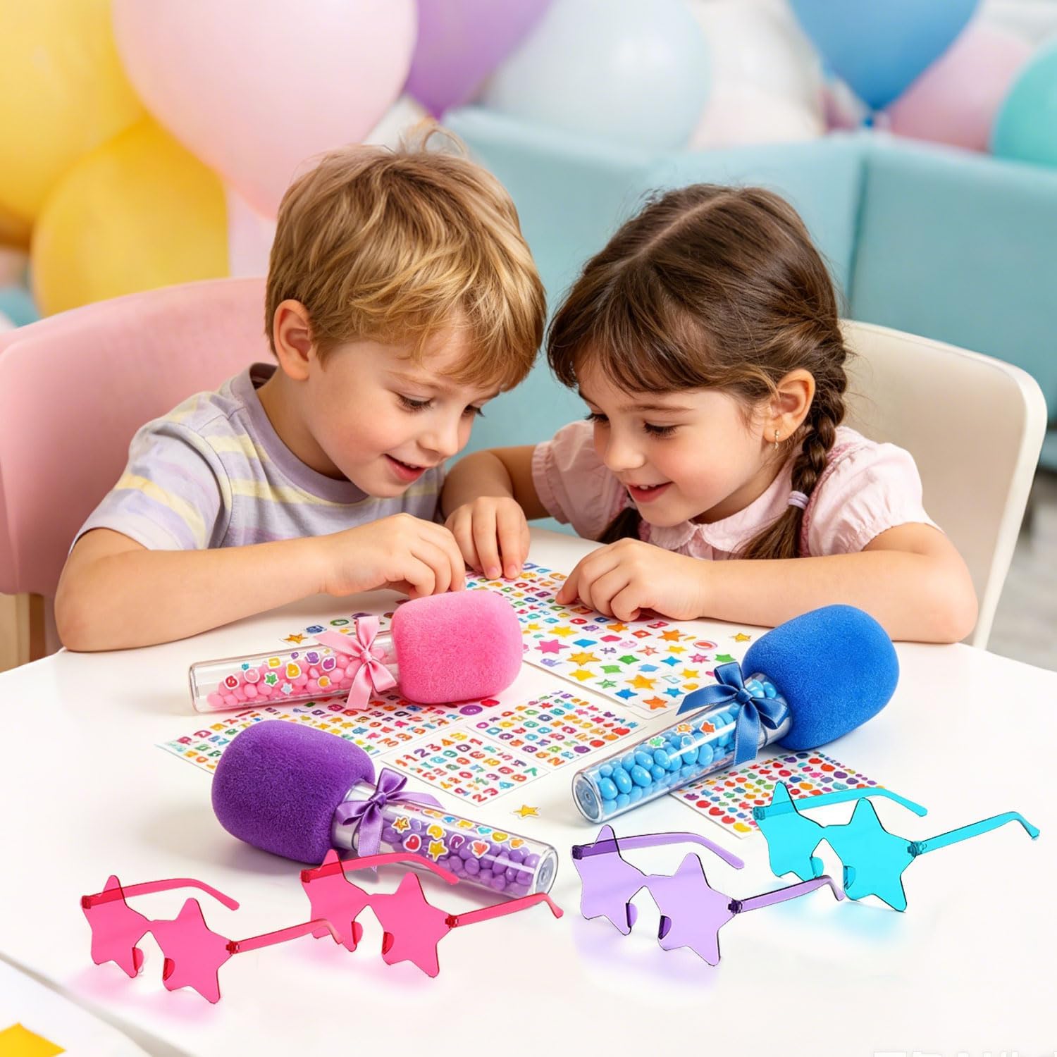 Microphone Candy Tubes Kpop Birthday Party Decor,10''Karaoke Fake Prop Microphone Plastic Toy with Stickers,Bow and Glasses for Disco Singer Stage Costume Prop,Candy Not Included (Purple,Pink,Blue)