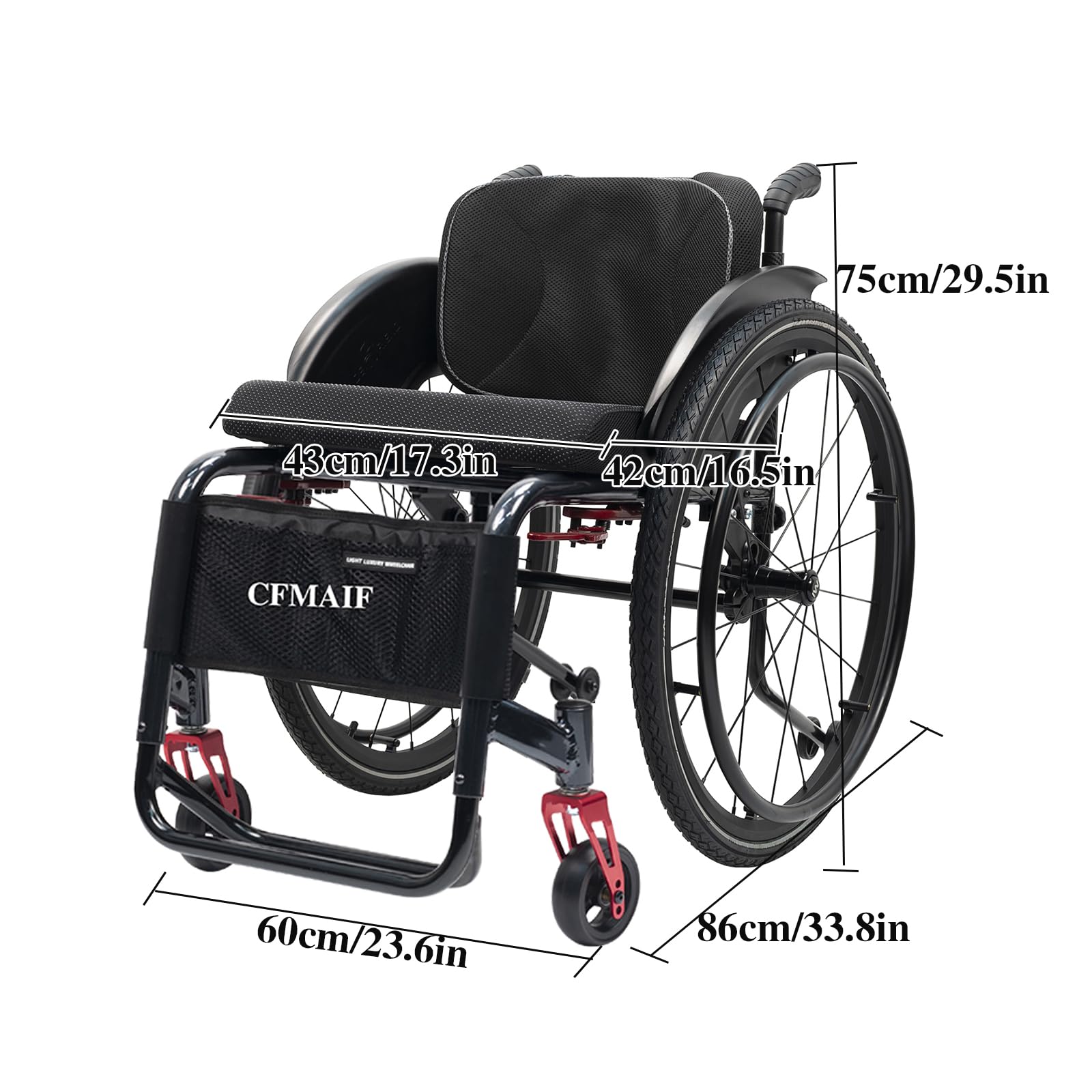 Lekkie aluminiowe wózki inwalidzkie z własnym napędem, wózek inwalidzki do uprawiania sportu, przenośny wózek podróżny z hamulcem (43 cm, sportowe)