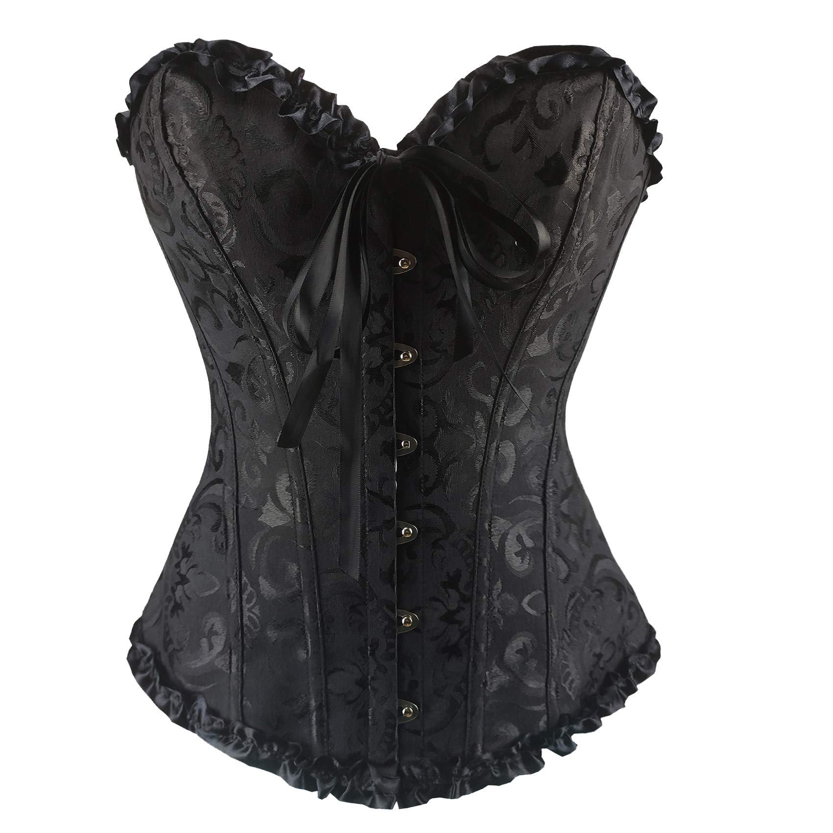 BLDF Women Lace Up Floral Lace Red Burlesque Basque Bustier Shaper Overbust Boned Corset Top (Floral Black, S/UK 6)