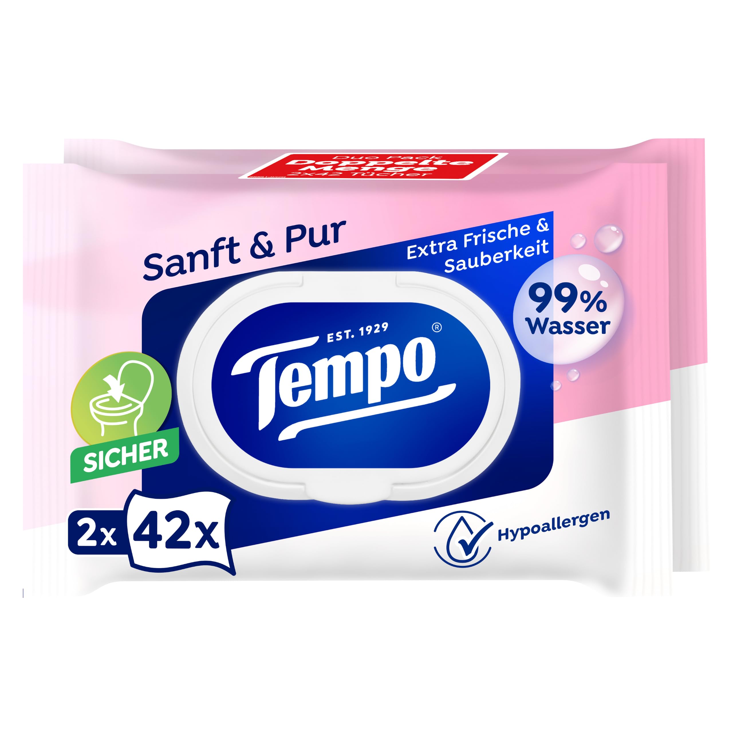 Tempo Feuchte Toilettentücher "Sanft & Pur" - Megapack - 16 Packungen mit je 42 Tüchern - Duo Packs - feuchtes Toilettenpapier, dermatologisch getestet und pH-hautneutral