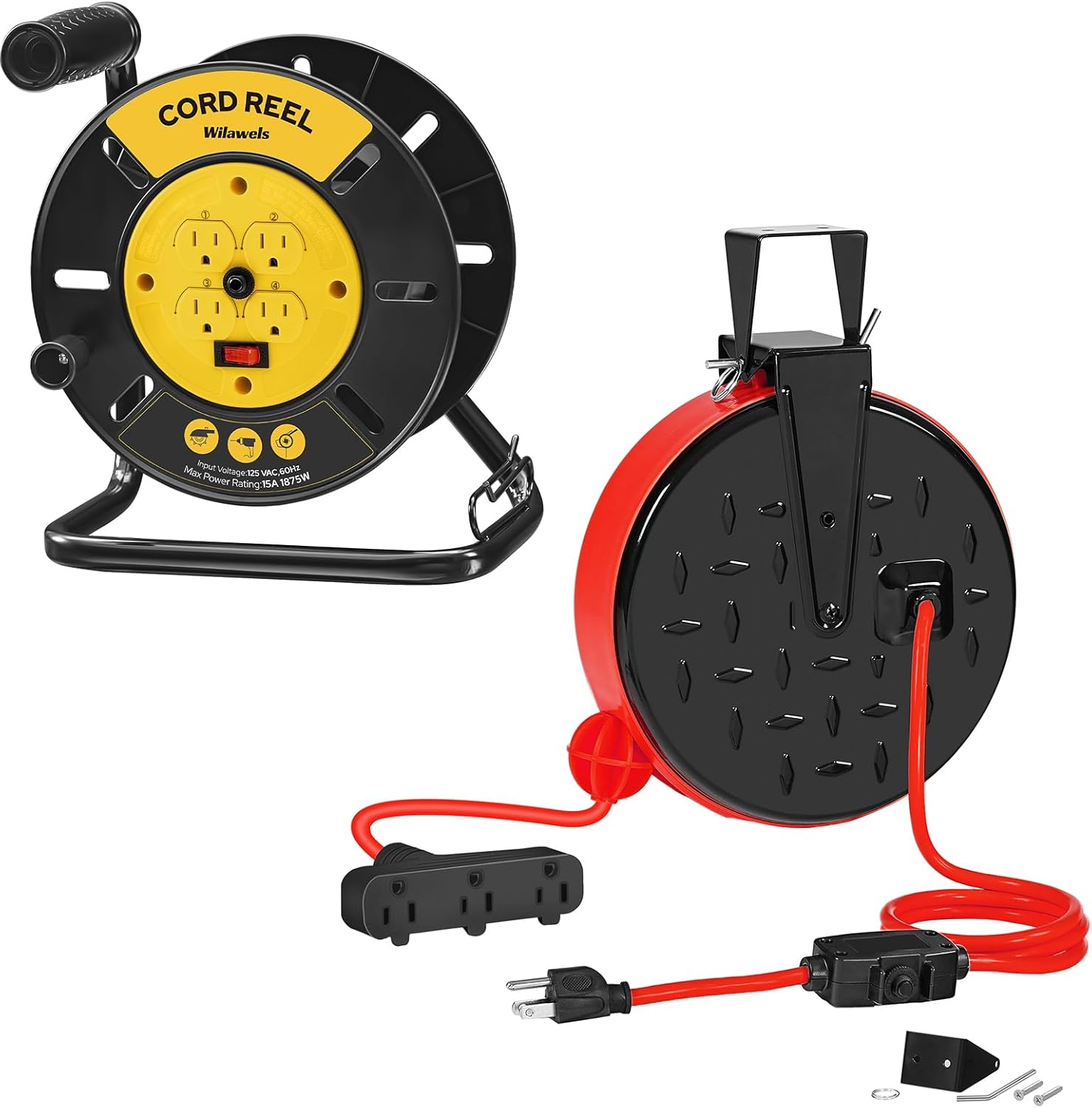 Extension Cord Storage Reel 15A Circuit Breaker and 30 Ft Retractable Extension Cord Reel Bundle, 16/3 Gauge SJTW Power Cord Y95CR06-R30CR06