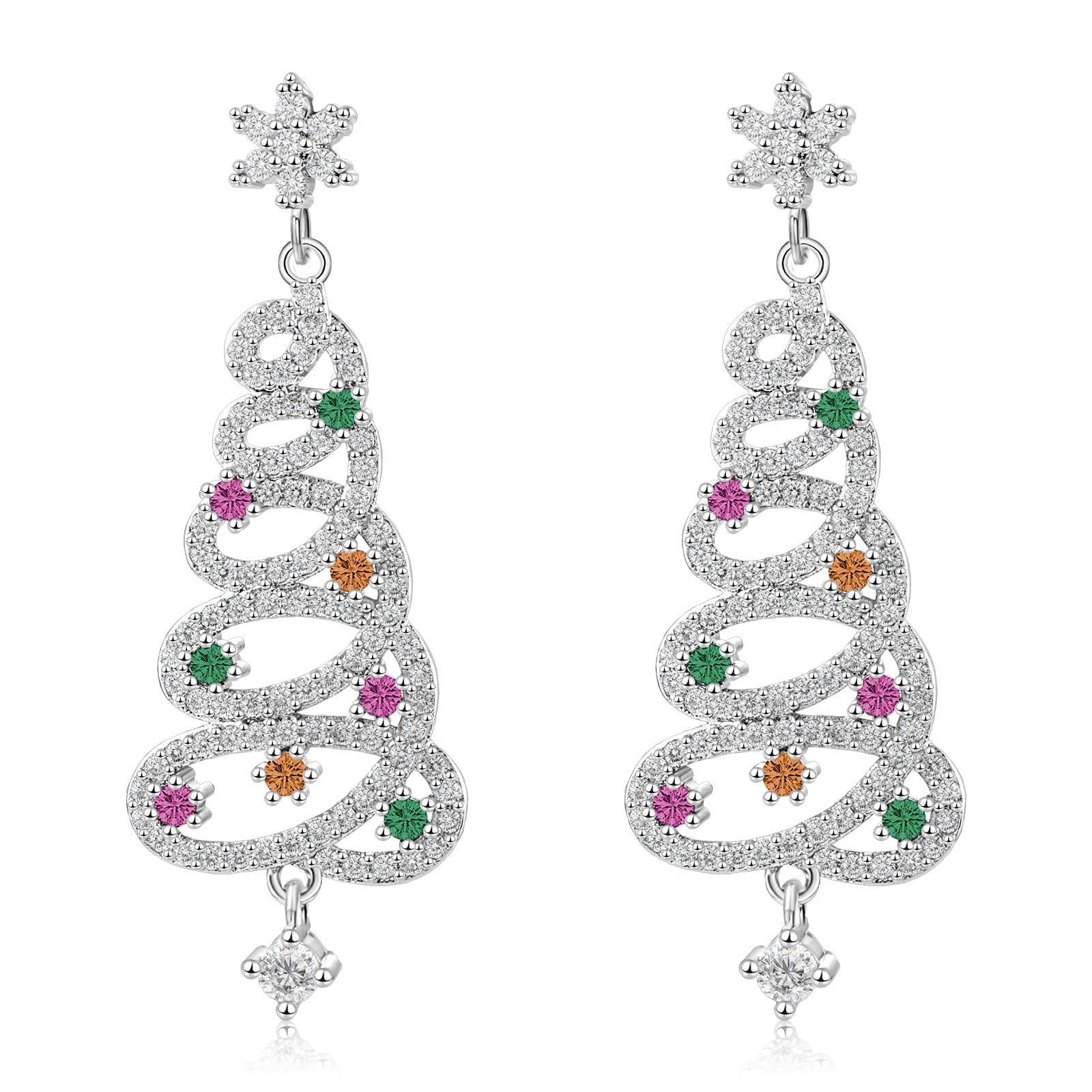 LAXPICOLChristmas Tree Earrings With S925 Sterling Silver Post, Shiny Silver Christmas Earrings For Women, Color Cubic Zirconia Christmas Earrings Jewelry Gift For Women/Teen Girls