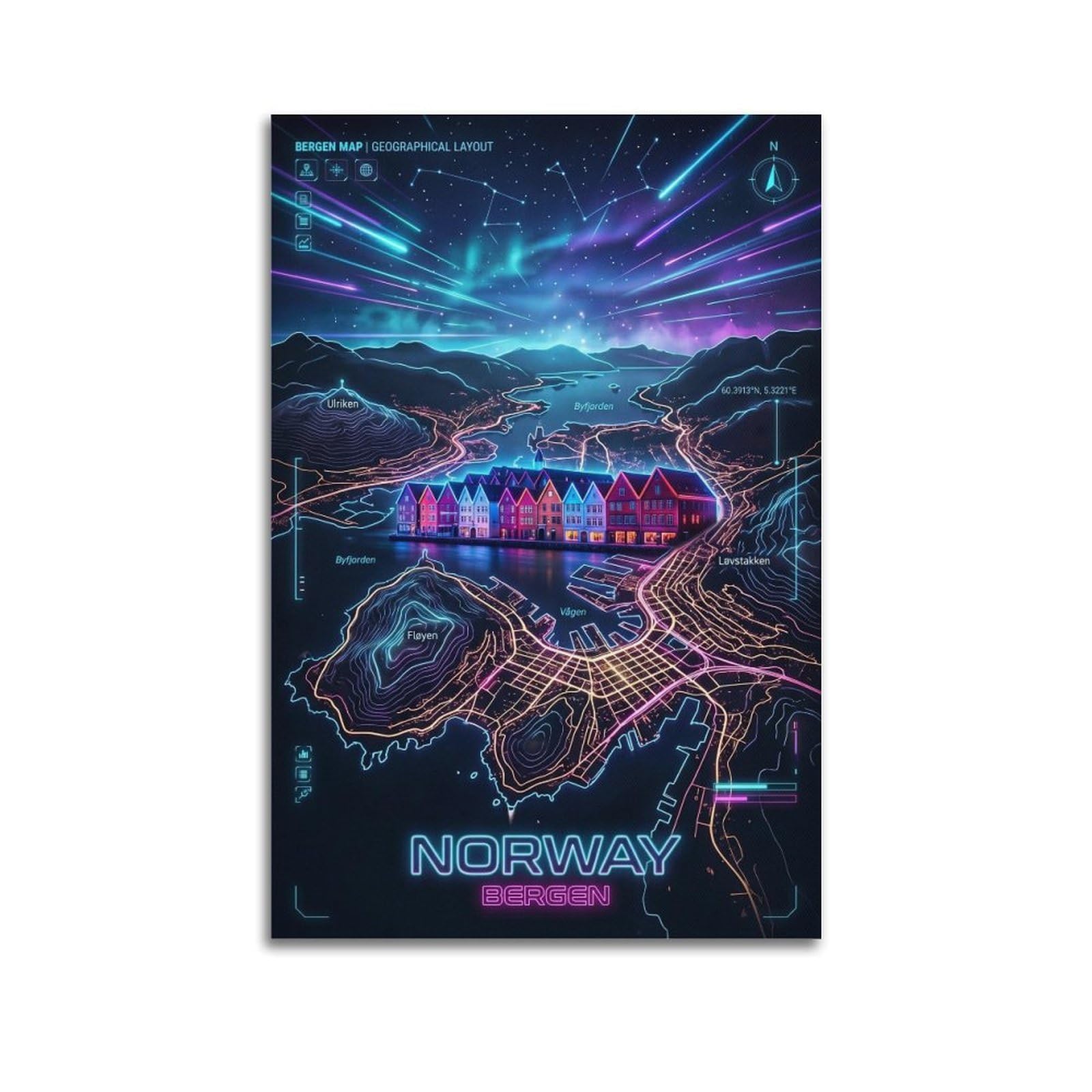 XKUGA Norway Bergen 80s Neon Map Gamer Room Poster Modern Decorative Canvas Prints - Ideal Wall Art for Family, Man Cave, Game Room, Boys & Girls Bedroom 12x18inch(30x45cm)