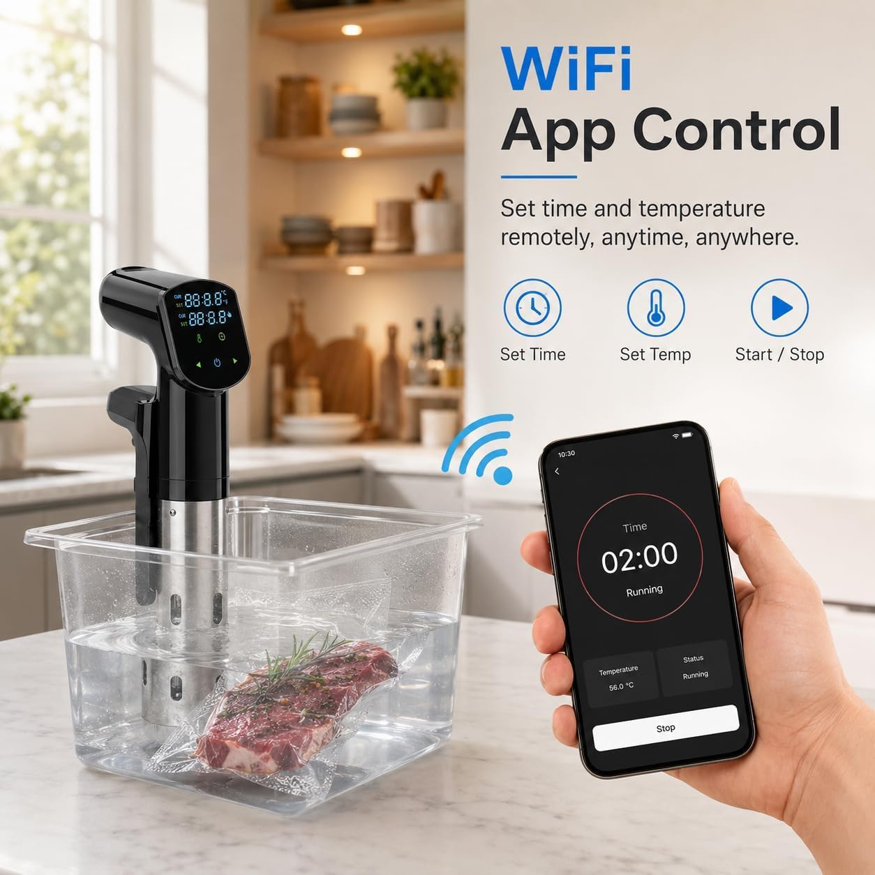 Baño de agua WiFi Sous Vide 1800W Cocina de precisión con pantalla LCD, control de temperatura de 25-95 °C para filetes, pollo, pescado, verduras