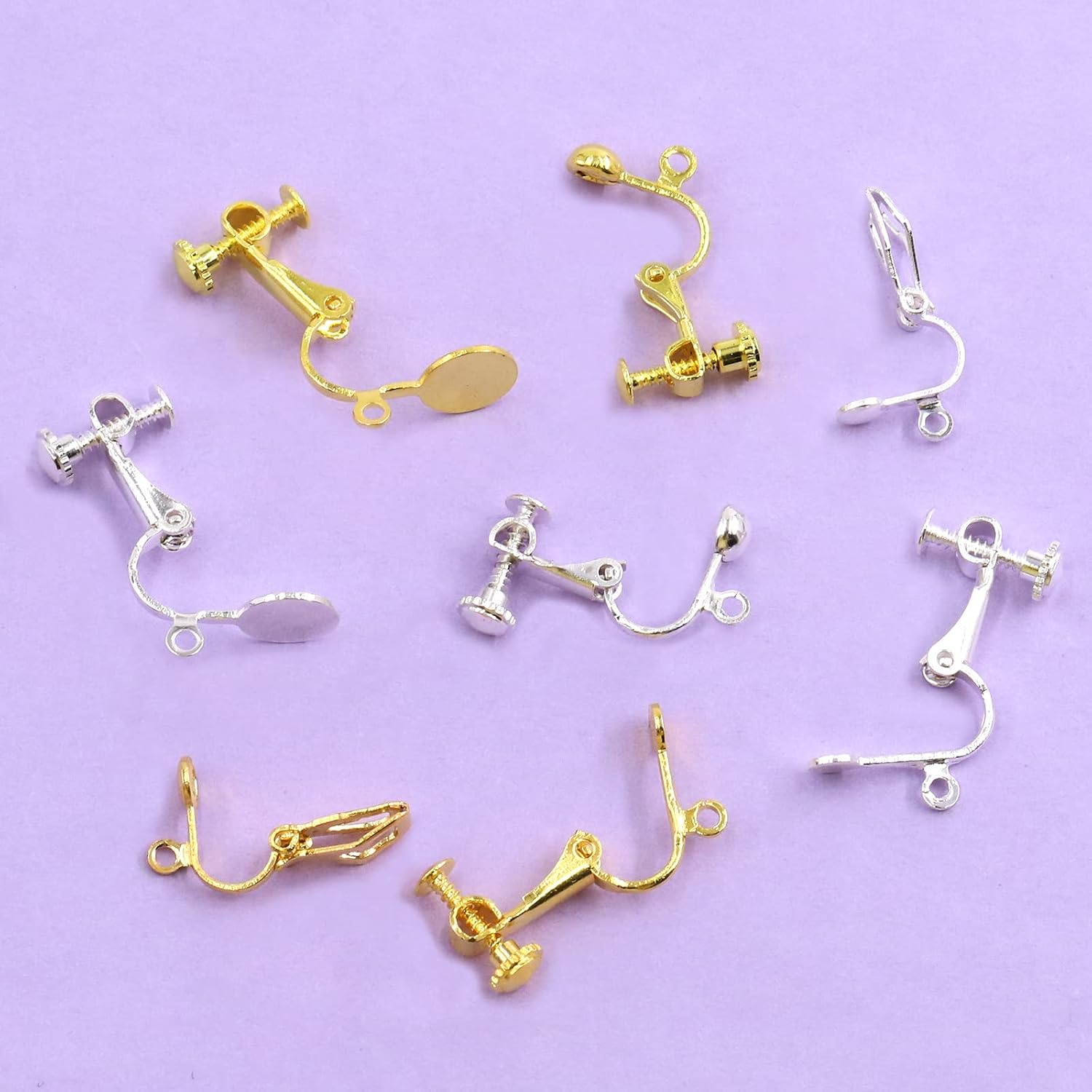Swpeet 32Pcs 4 Styles 2 Color Non Pierced Earrings Clip-on Earrings Converter, Gold and Silver Non-Pierced Earring Findings Dangle Earring Clips with Screw Back for None Pierced Ears Jewelry