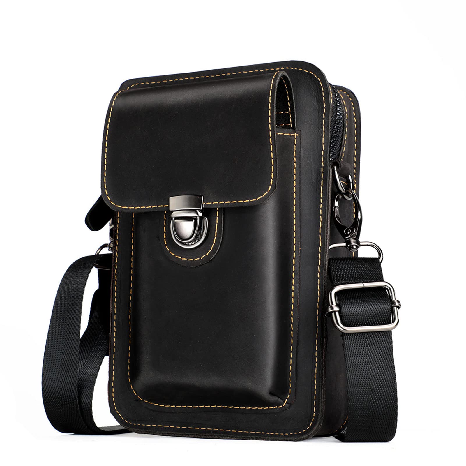 Small Mens Genuine Leather Messenger Bag Convertible Crossbody Waist Pouch with Phone Pocket Black Small