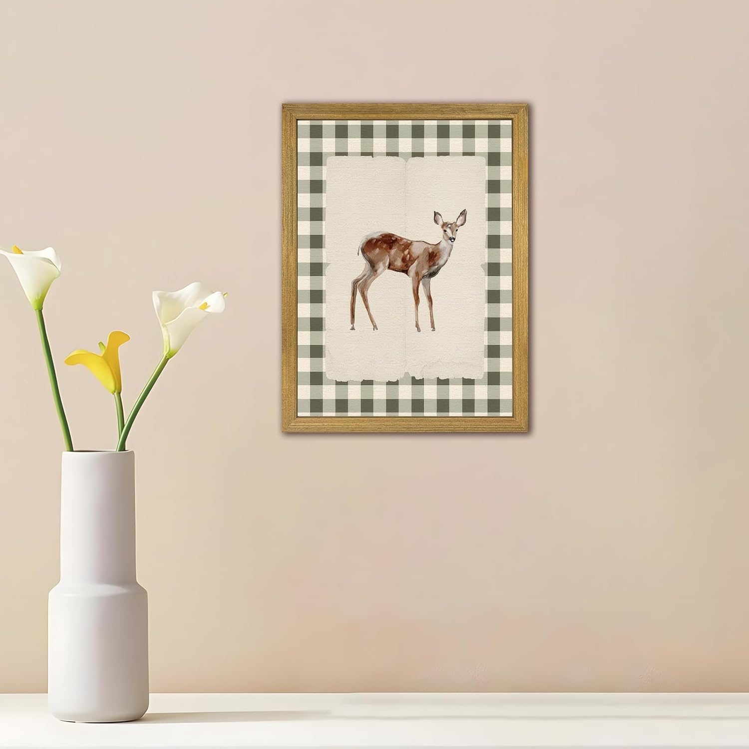Wood Framed Deer Wall Art Print, Woodland Baby Deer Canvas Poster Wall Decor, Vintage Rustic Green Gingham Farmhouse Animal Picture for Living Room Kitchen Bedroom Nursery Decor, 16x24 inch image 4