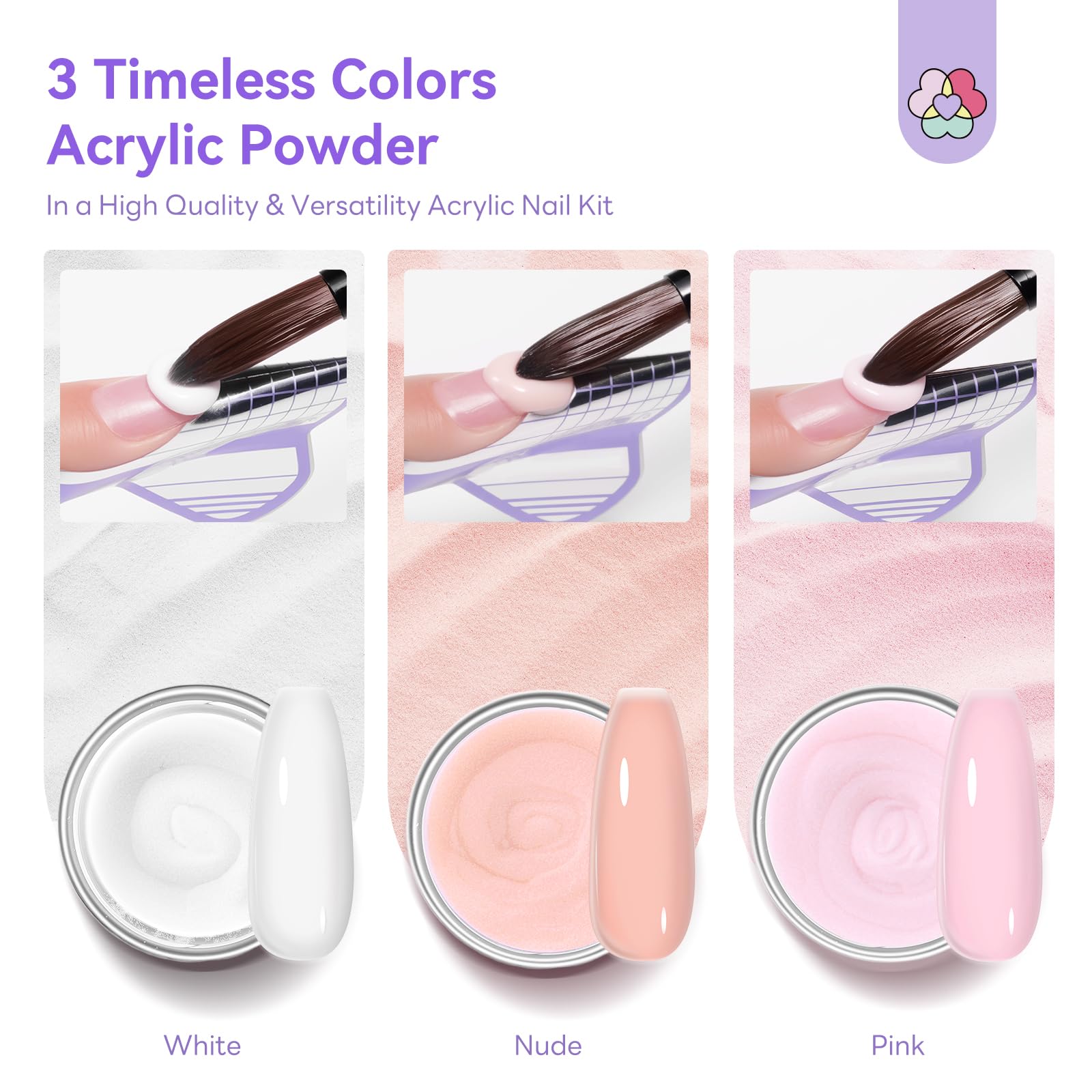 SAVILANDAcrylic Nail Kit: 3 Colors Powder, 3 Pcs Brushes (Size 8/10/14) for French Extensions & 3D Carving Art, Beginner DIY Home - Image 3