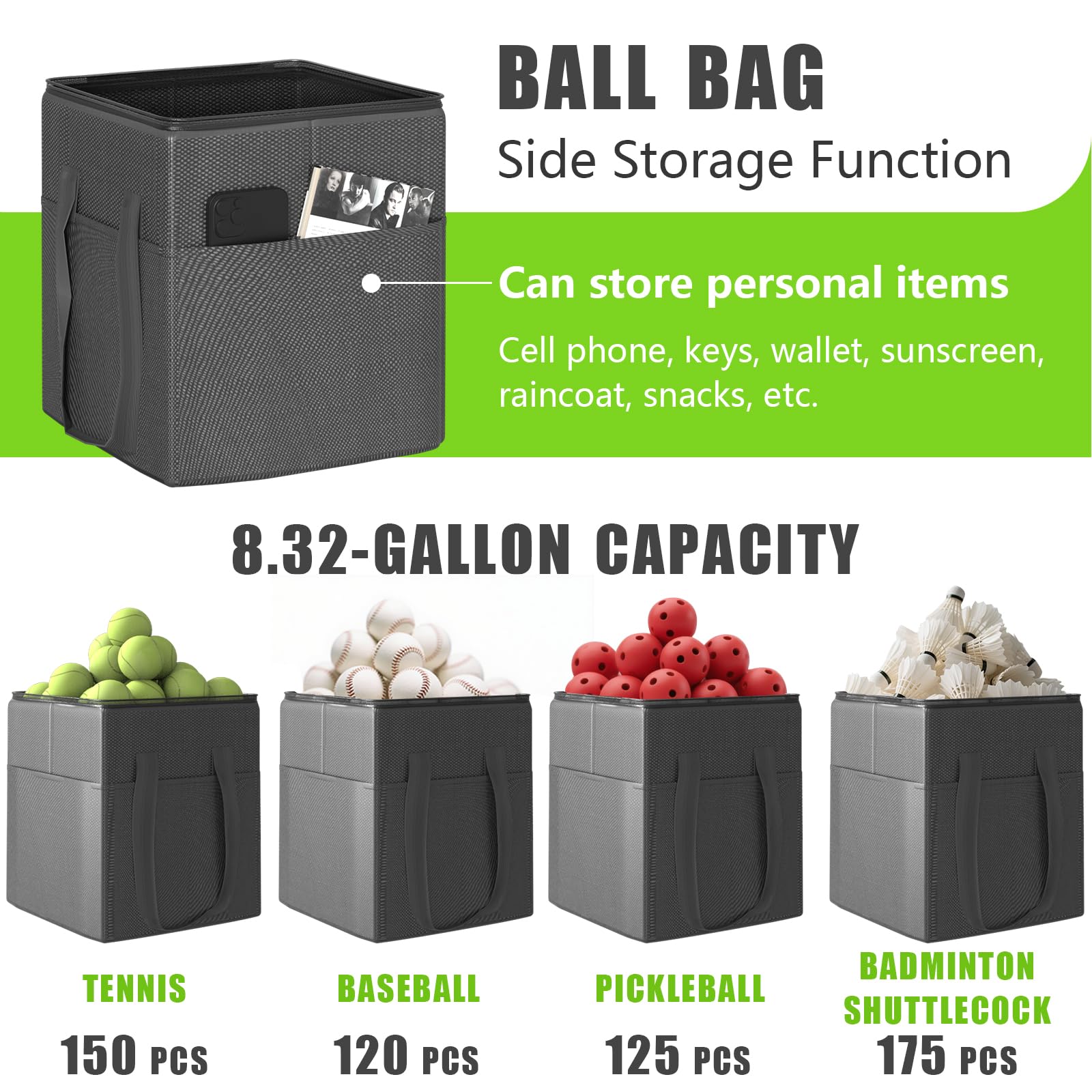 Panier à balles de tennis pliable avec roues, hauteur réglable, capacité 150 balles, sac de rangement