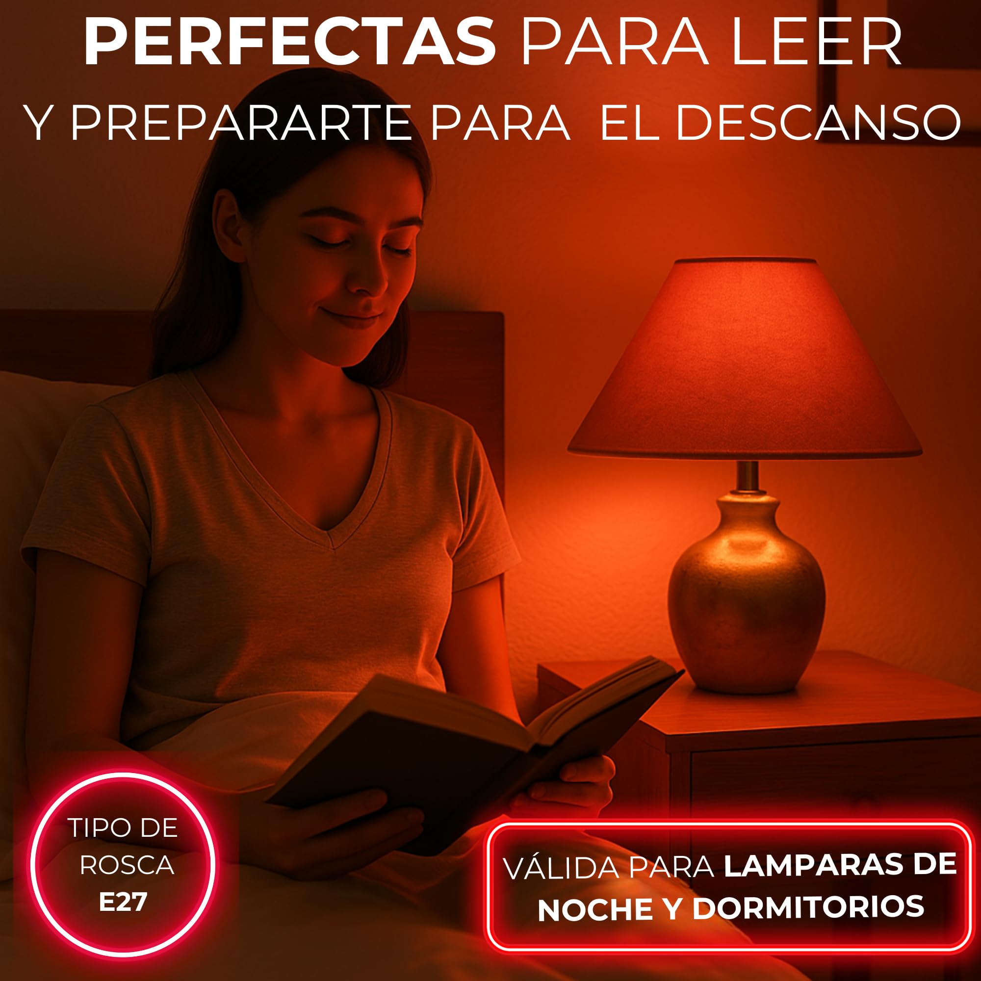 DM TECH PACK 2 Luz Roja Nocturna Melatonina E27 - Bombilla Terapia Roja para Dormir - 0% Luz Azul + Rosca Estándar + Mejora del Ritmo de Descanso