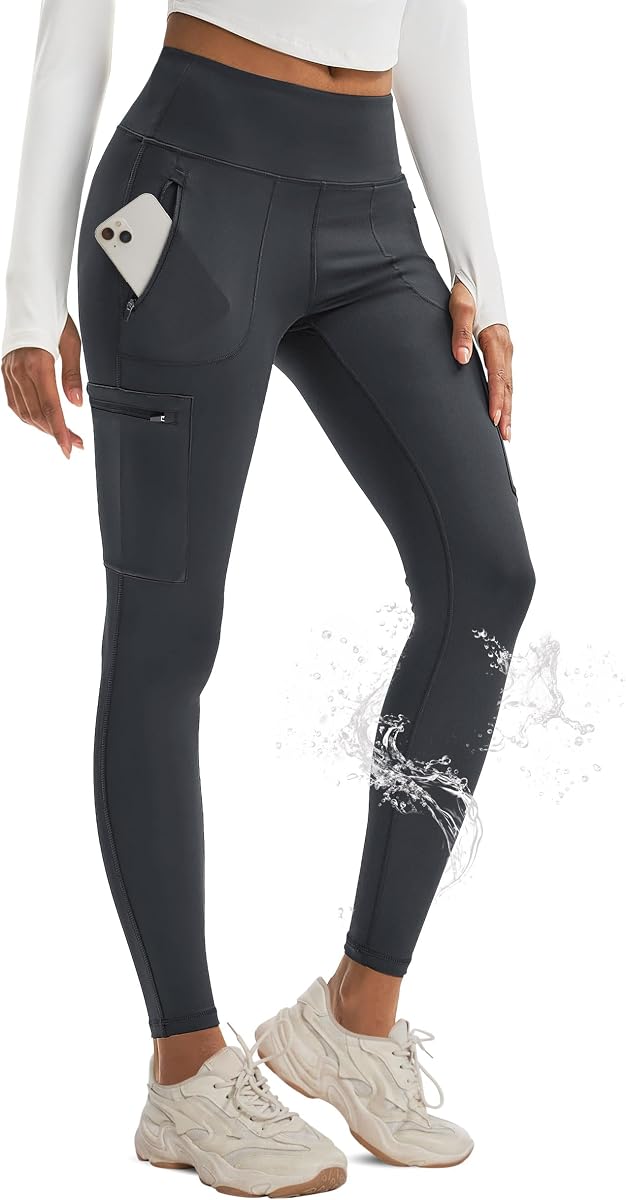 MAGCOMSEN Women's Leggings 4 Pockets Water Resistant Cargo Pants Hiking Gym | Tummy Control, 4" High Waist, Waistband, 4-way Stretch, Soft, Athletic, Running, Yoga, Workout, Outdoors, Winter, Spandex