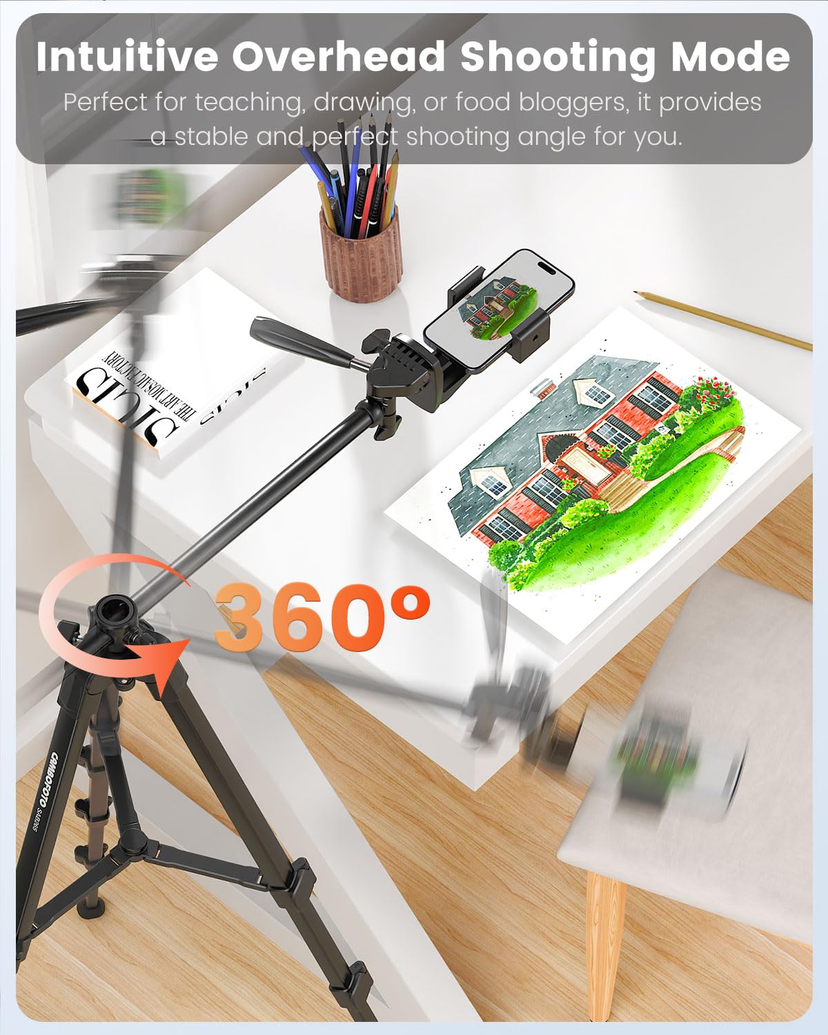 CAMBOFOTO Treppiede orizzontale 185 cm per iPhone/fotocamera, Treppiede overhead per smartphone flessibile, Supporto per telefono per riprese video/Borsa da trasporto
