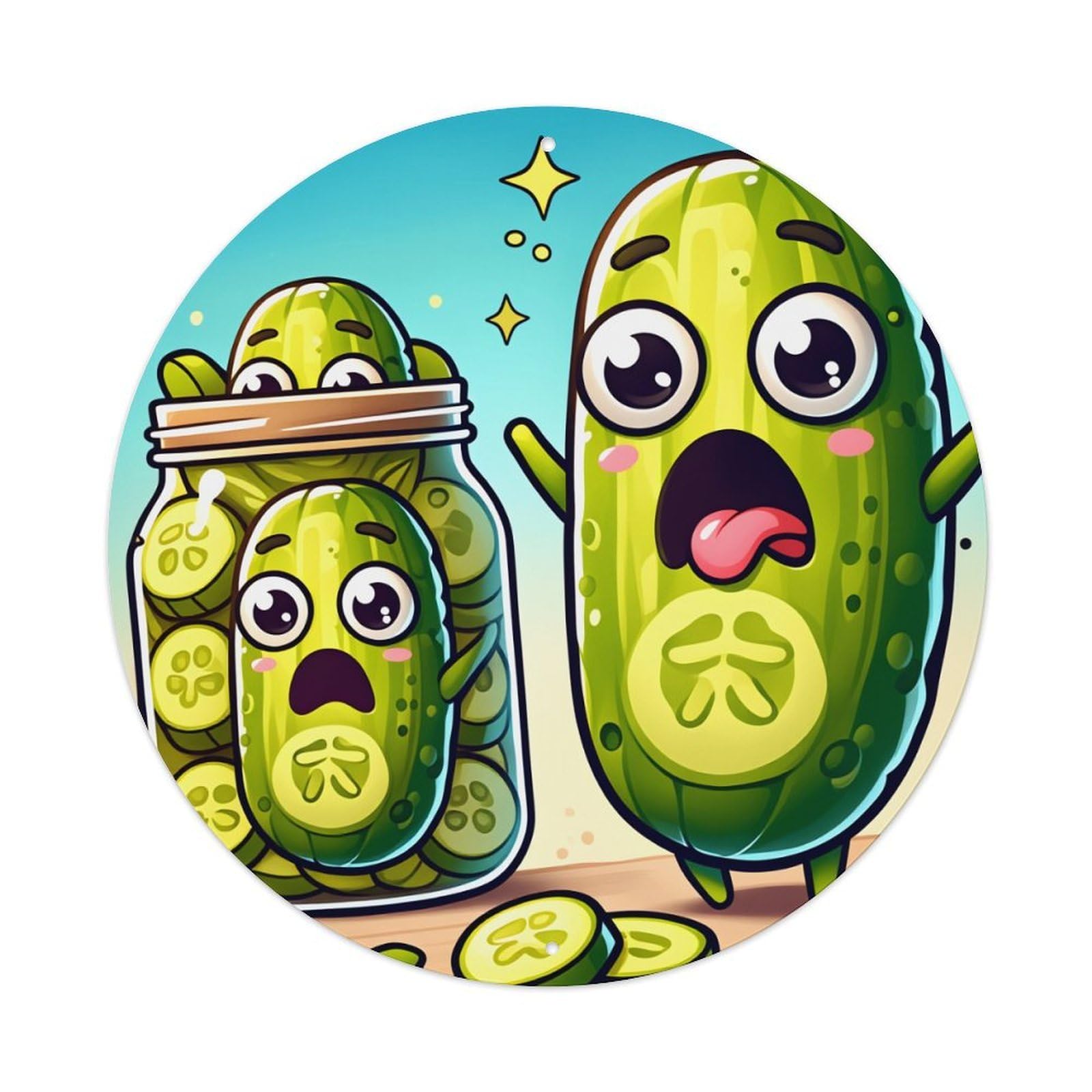 Cute Pickle Characters Jar Pattern Round Tin Sign Vintage Metal Poster, Home Bar Garage Man Cave Cafe Indoor & Outdoor Wall Decoration 8x8Inches