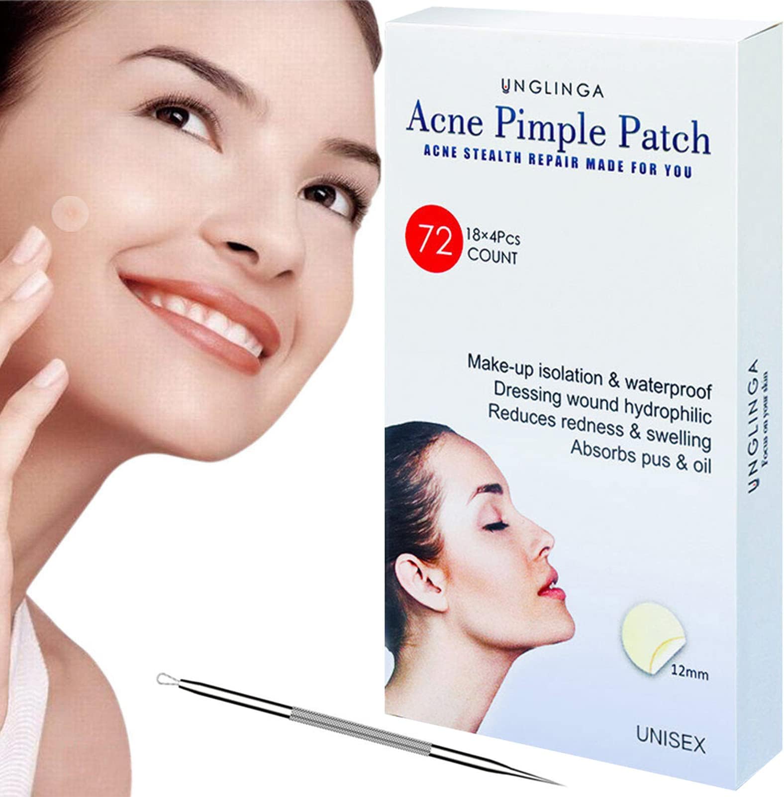 Acne Pimple Master Patch - 72Count Hydrocolloid Bandages Acne Spot Treatment Absorbing Zit Cover Healing Dots by UNGLINGA, Drug-free Non-drying, Φ12mm