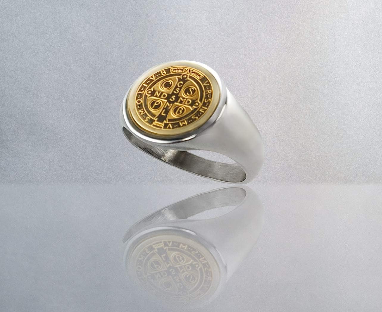 Catholic Unisex Gold Saint Benedict Ring Stainless Steel Catholic St Benedict Ring-St Benedict Holy Prayer Card Included (Gold)