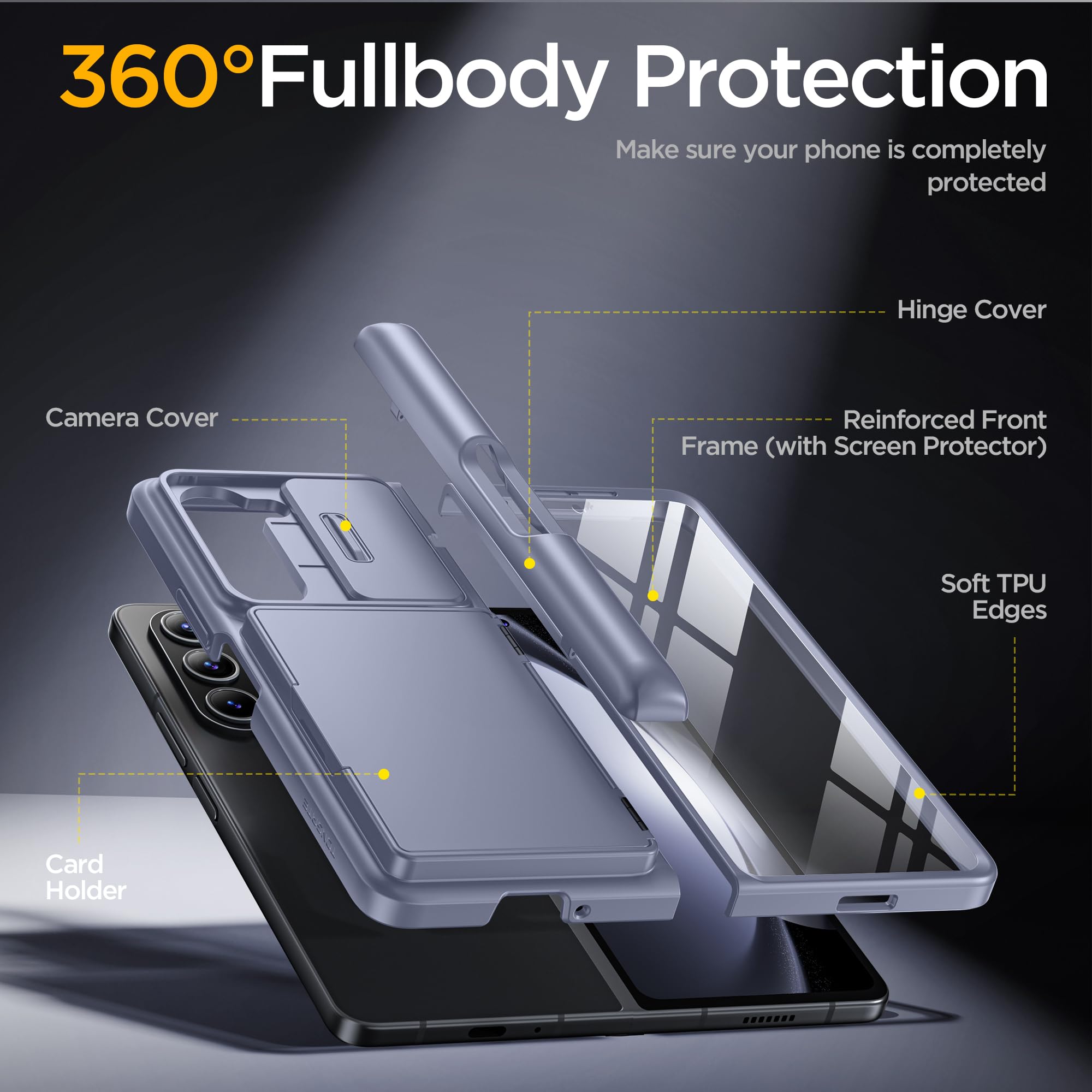 Tongate Funda para Samsung Galaxy Z Fold 5 con Soporte para bolígrafo S, Tarjetero y protección de bisagra, Cubierta Deslizante integrada para cámara y Protector de Pantalla (Azul Ciy)