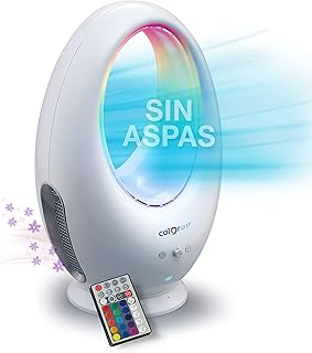 GALERIA DEL COLECCIONISTA Ventilador SIN ASPAS COLOR AIR: SEGURO, POTENTE. Flujo continuo, Sistema de purificación, Aromaterapia y Cromoterapia. Con Mando y Temporizador para Apagado automático