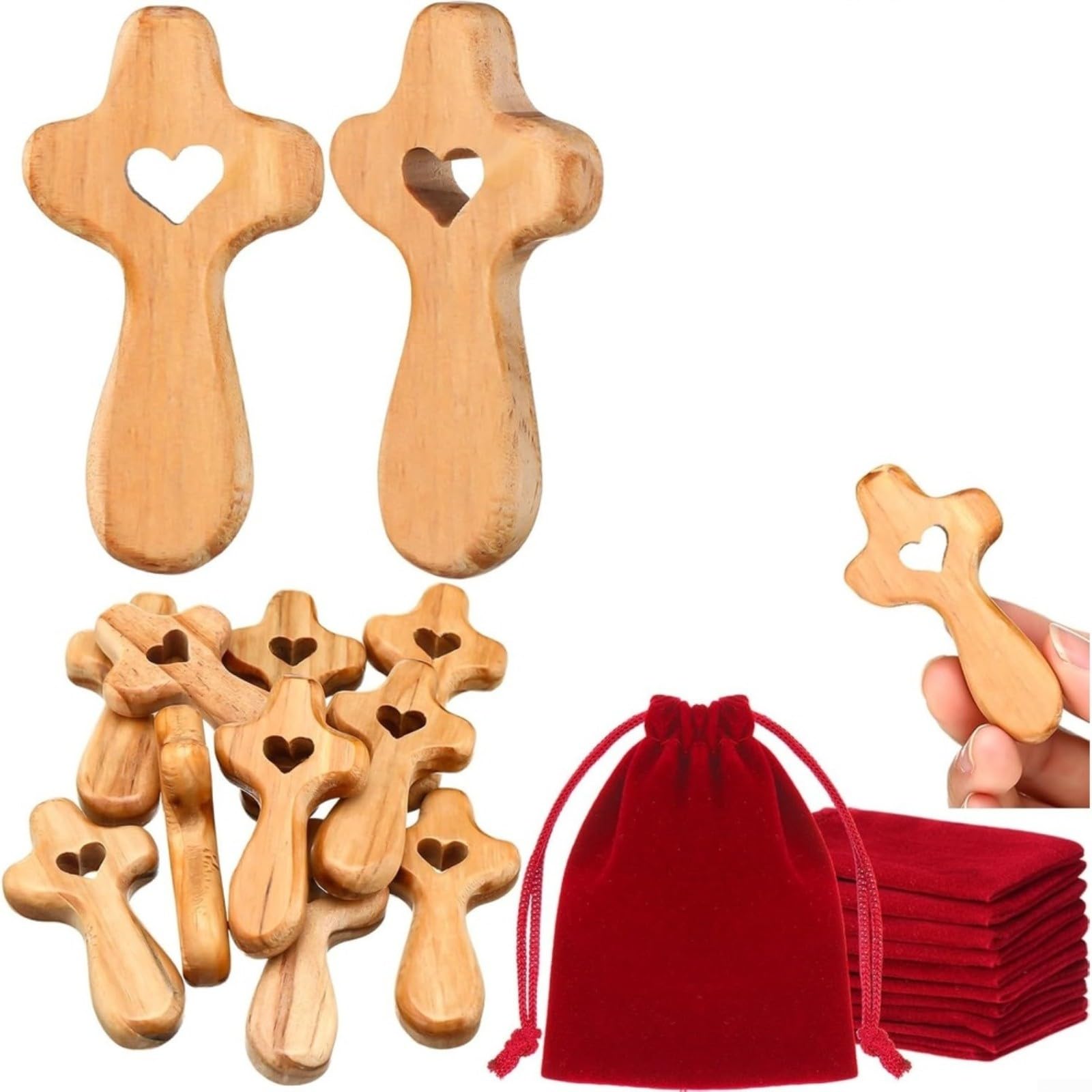 Set mit 10 handgeschnitzten Olivenholz-Taschenkreuzen mit Herzform und Samtbeutel, 3,5 cm, Andenken für Taufe, Kommunion oder Gebetsgeschenk