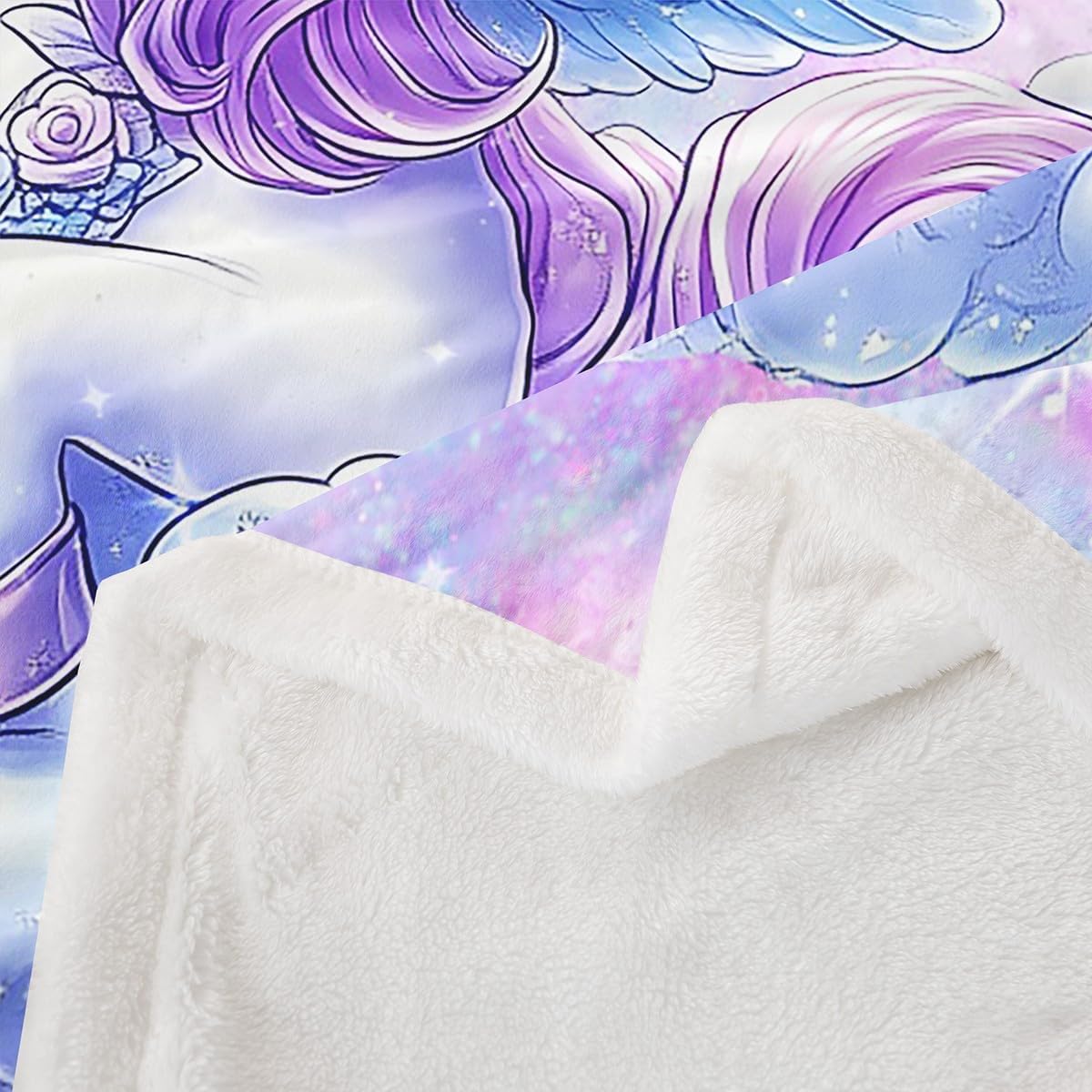 Unicorn Girls Fleece Flannel Blanket,Purple Unicorn Flowers Bed Blanket for Bed Sofa Couch,90"x90"Glitter Print Galaxy Sky Bed Plush Blanket,Dreamy Unicorn Wing Lightweight Blanket