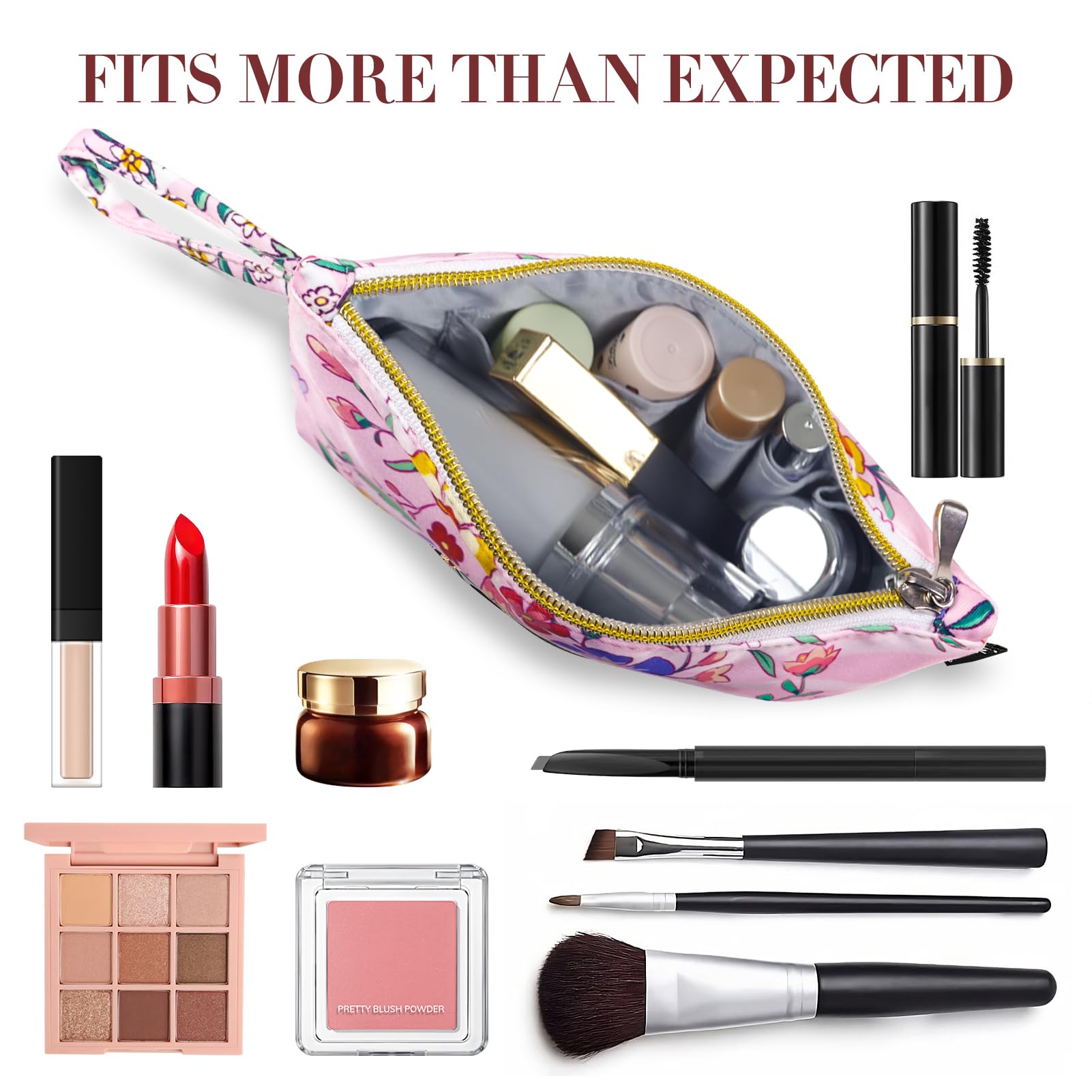 Gloppie Make up Bag Small Makeup Bag Cosmetic Bags Jewellery Pouches Gifts for Women, Pink Flower, Standard - Image 4